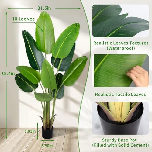 Artificial Bird of Paradise Plant 5.2Ft Fake Tropical Palm Tree with 5ft 1pack