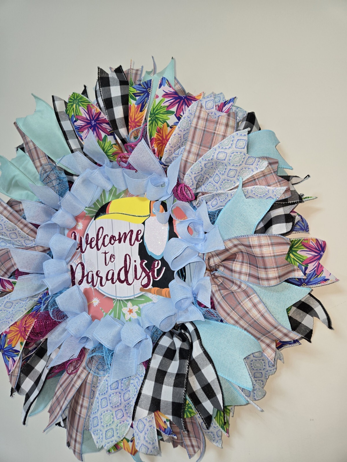 WELCOME TO PARADISE WREATH Spring SUMMER Fall Front Door Wall Decor BIG bird