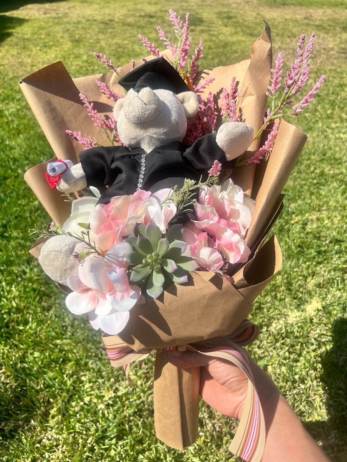 Hand Made Graduation Plush Bear Pink Artificial Flower Bouquet & Matching Ribbon