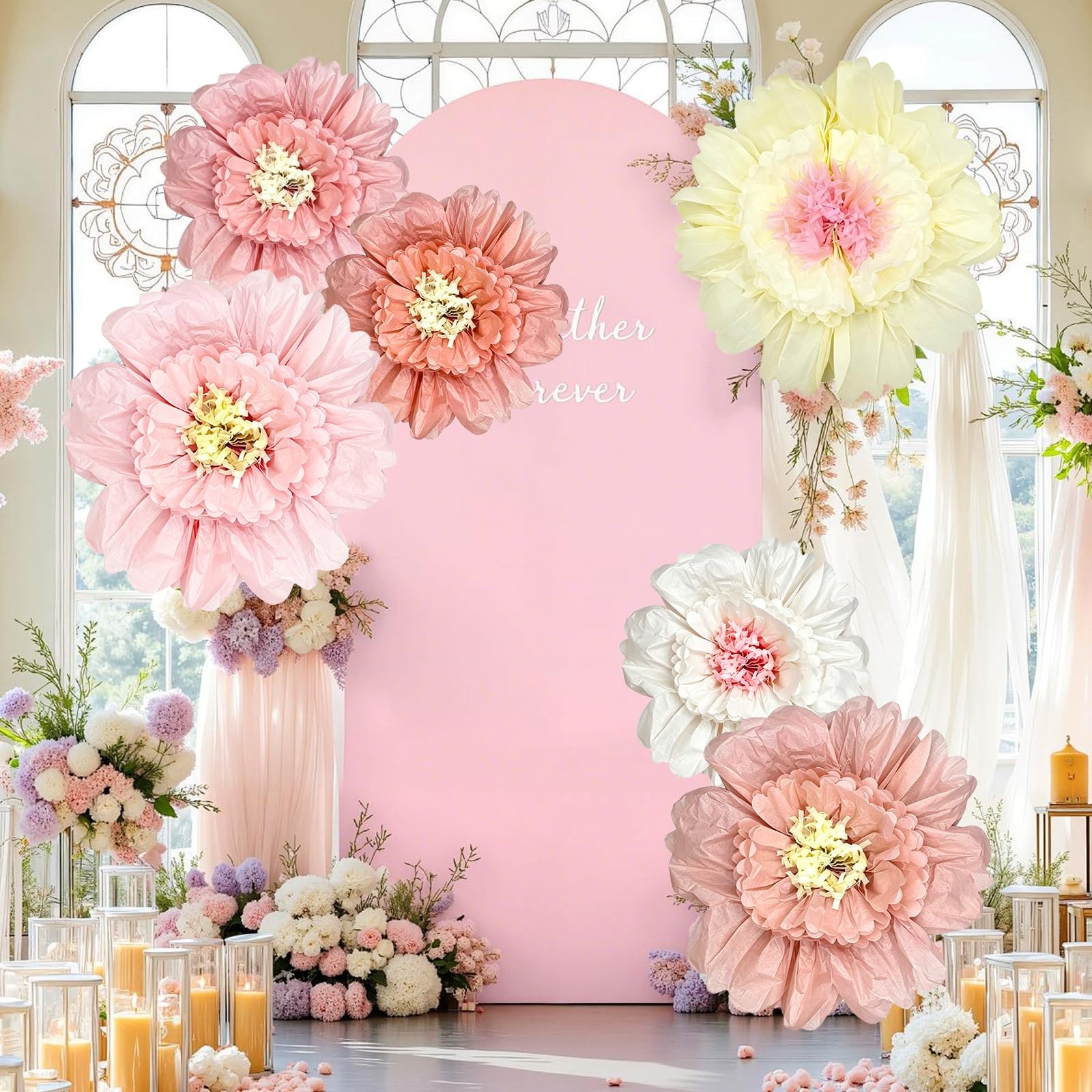 6 Pcs 31.5″ & 23.6″ Pink Giant Tissue Flowers, Boho Large Pom Pom Wall Decor …