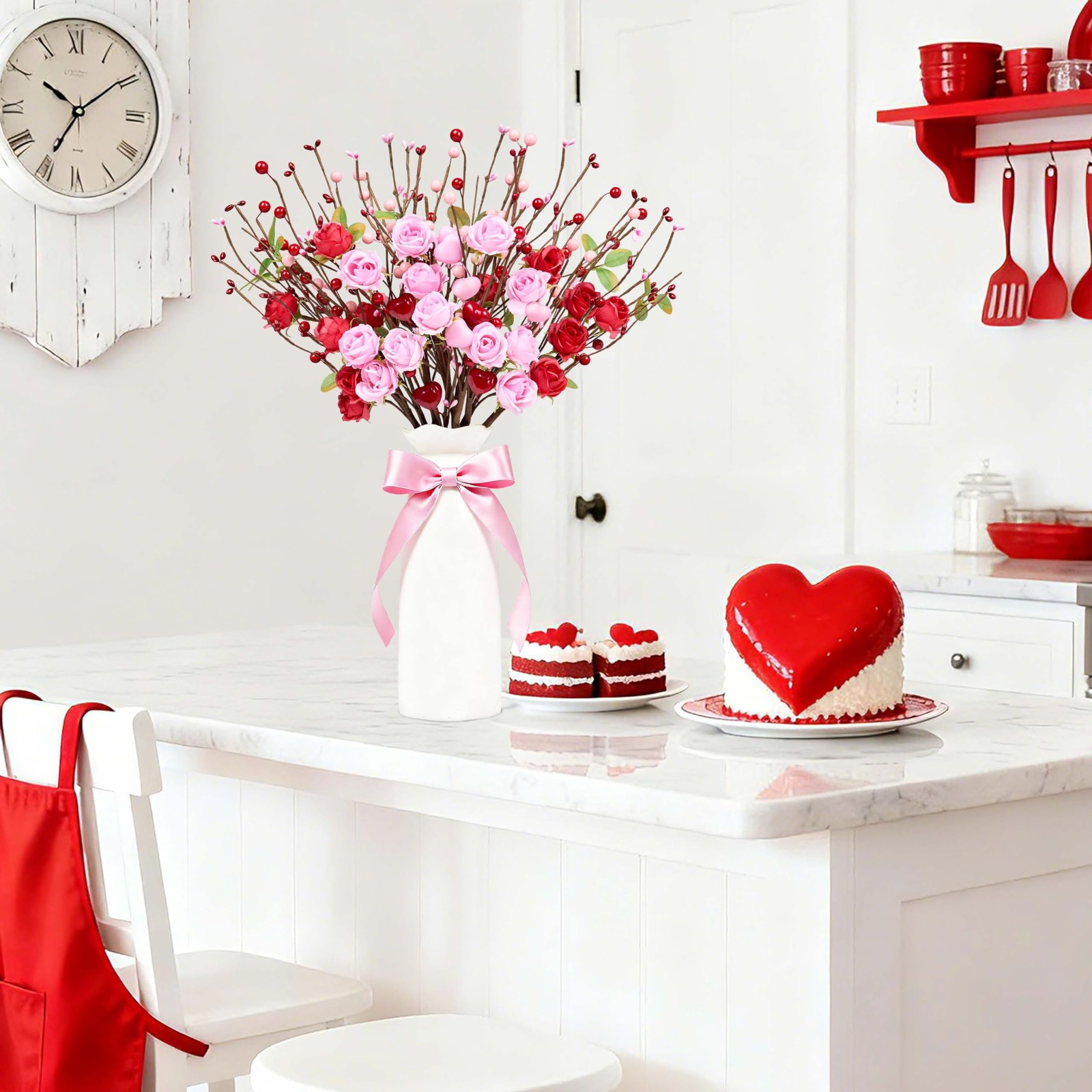 12 PCS Valentine Artificial Flowers 17 Inch Picks Red Roses Pink Heart Berries