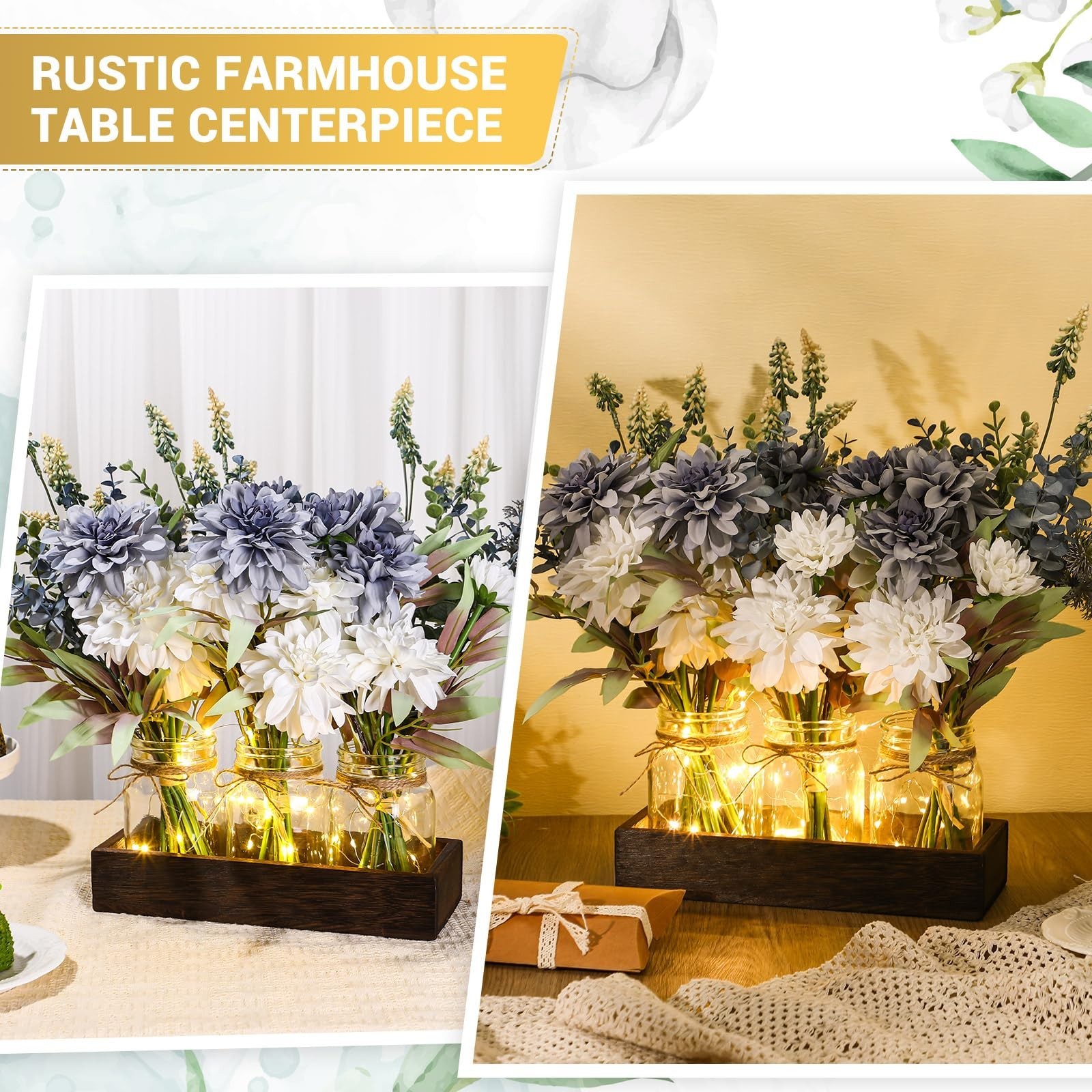 3 Pcs Rustic Mason Jar Centerpiece Decor, Artificial Blue Flowers & Wood Tray, S
