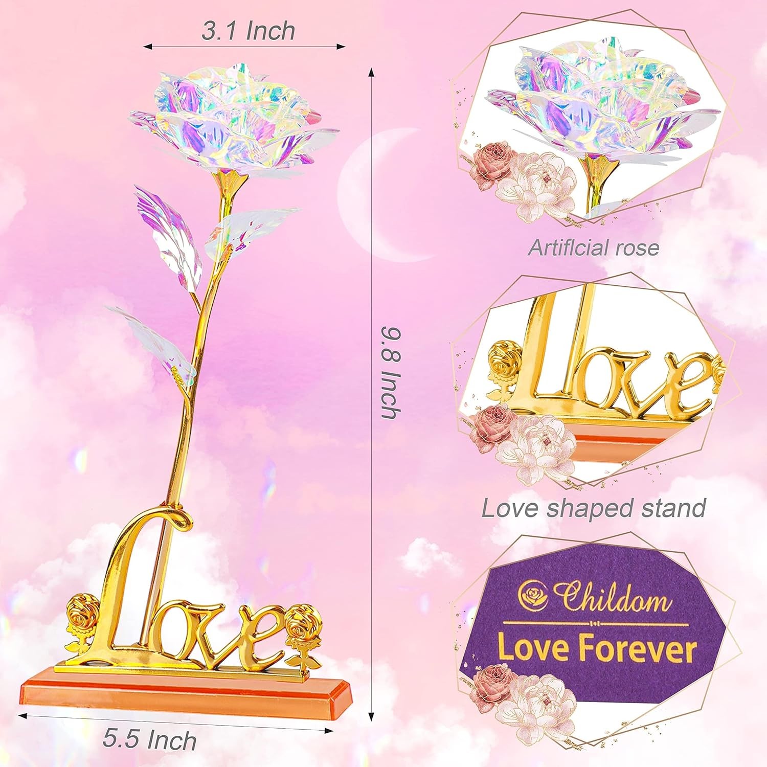 Rainbow Artificial Rose Gift for Mom – Mothers Day Flower with LOVE Stand