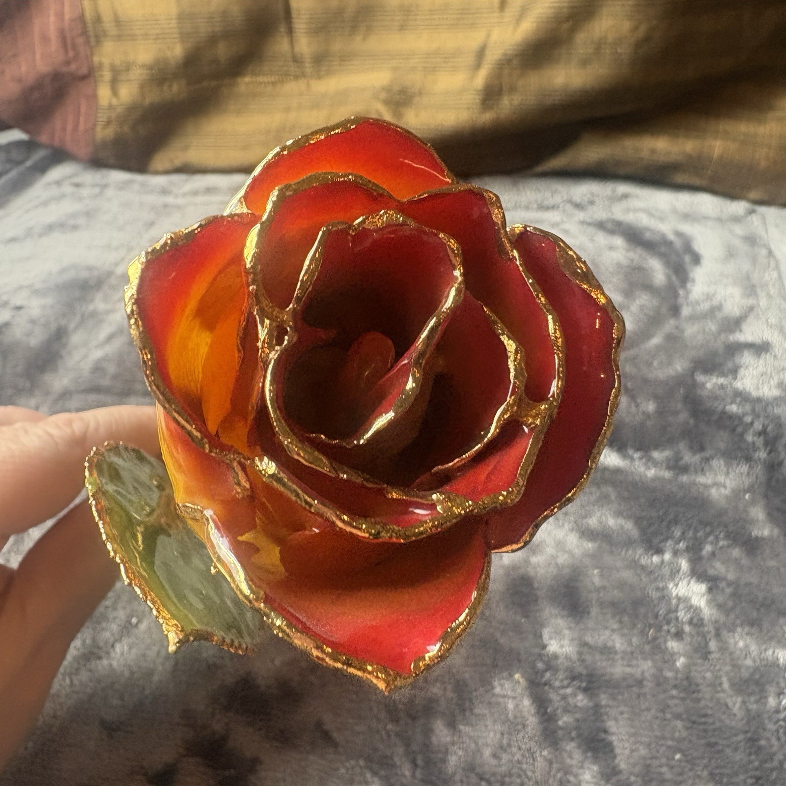 Vintage Forever Rose Lacquer Dipped 24k Gold Trimmed Yellow/Red Two Tone Rose