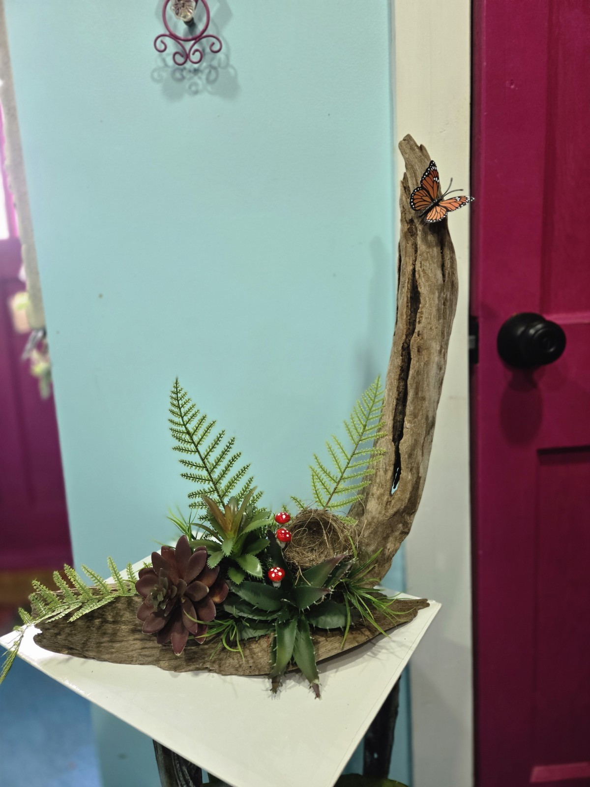 Handmade Driftwood Arrangement Centerpiece with Artificial Succulent and Fern