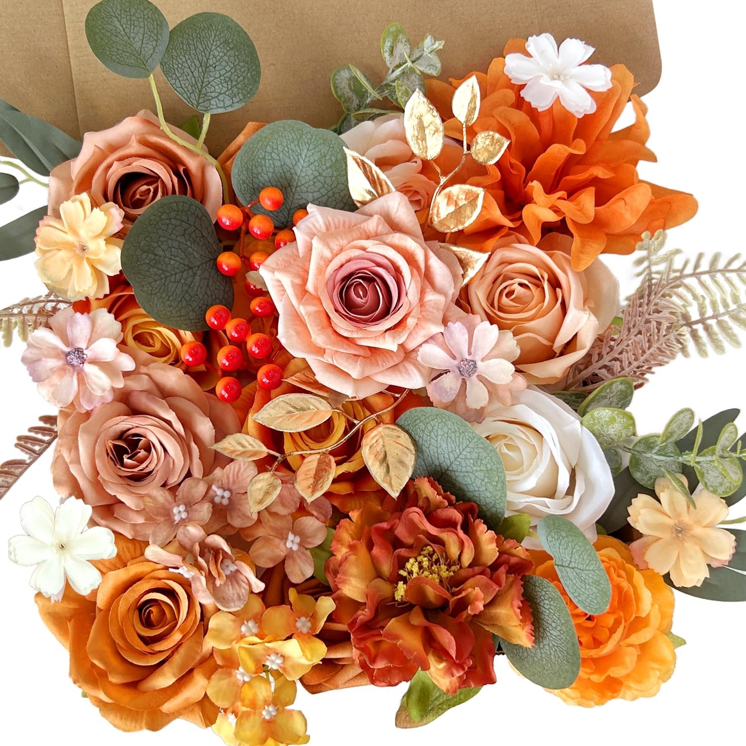 Artificial Flowers Combo Box Silk Burnt Orange Roses with Stems Sunset Terrac…