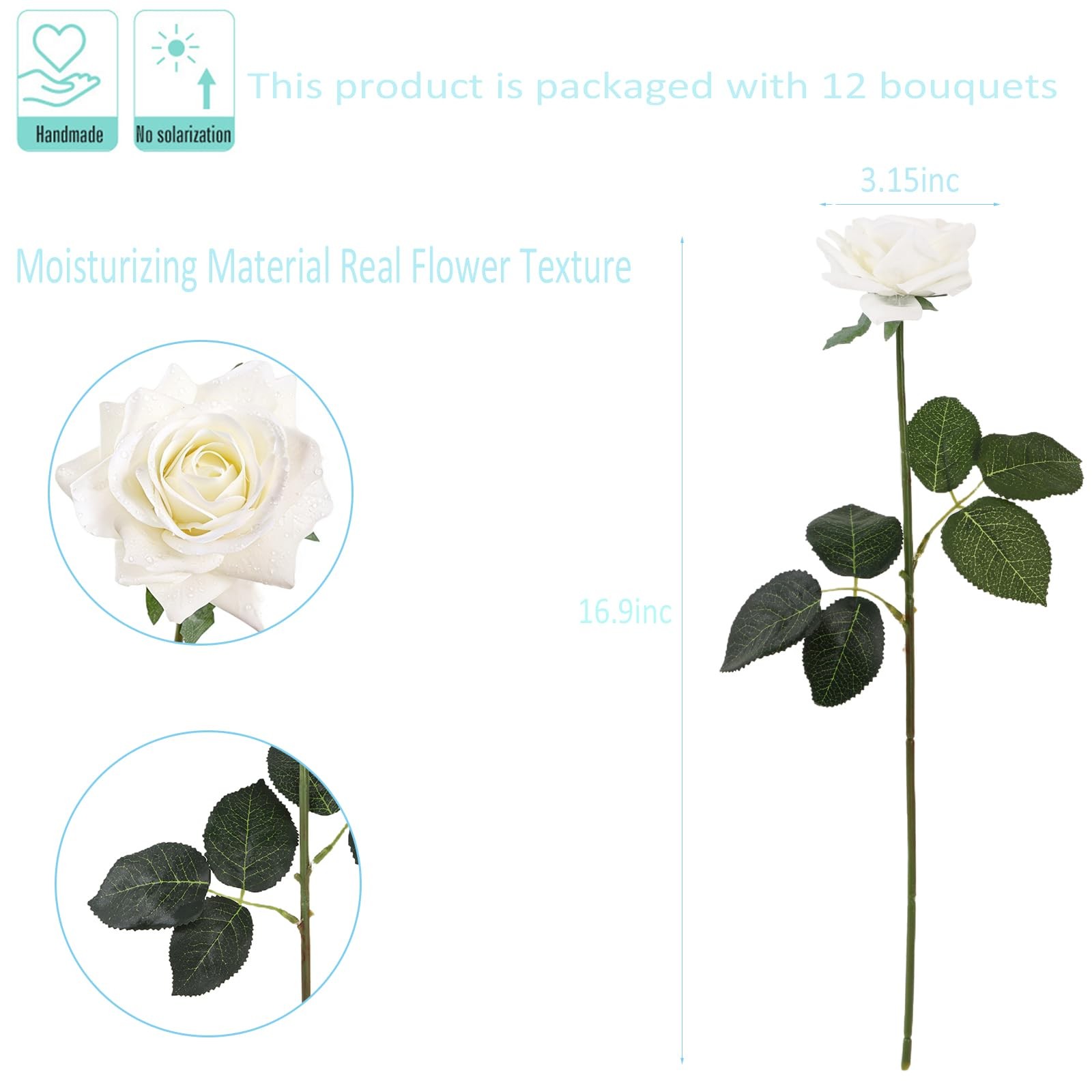 12 pcs Lifelike White Roses Artificial Flowers Real Touch Rose Long Stem Fake…