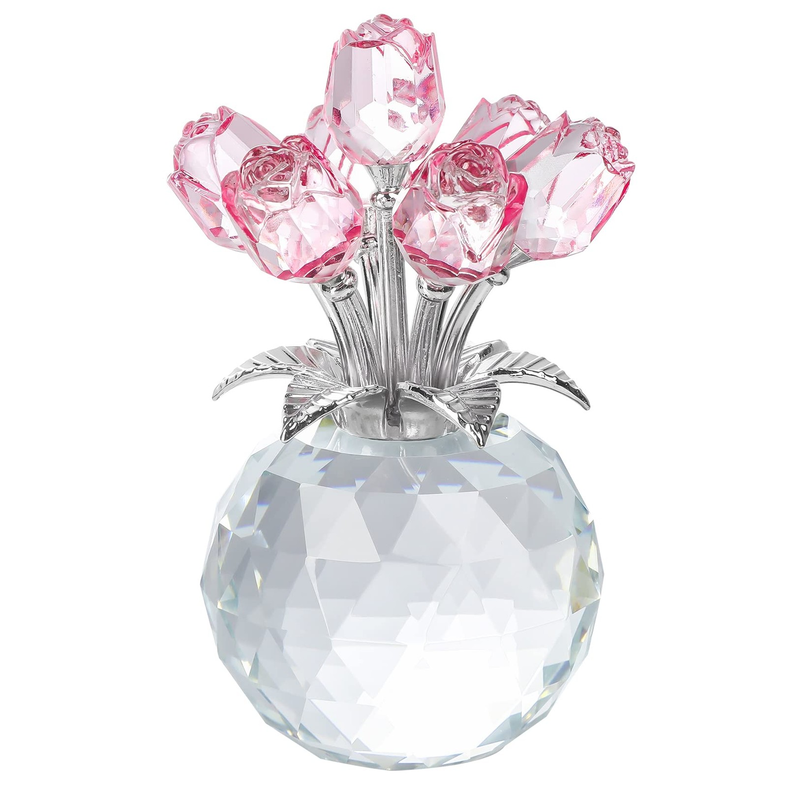 Handmade Crystal Pink Rose Flower Figurine with Round Vase, Rose Gifts for Gi…