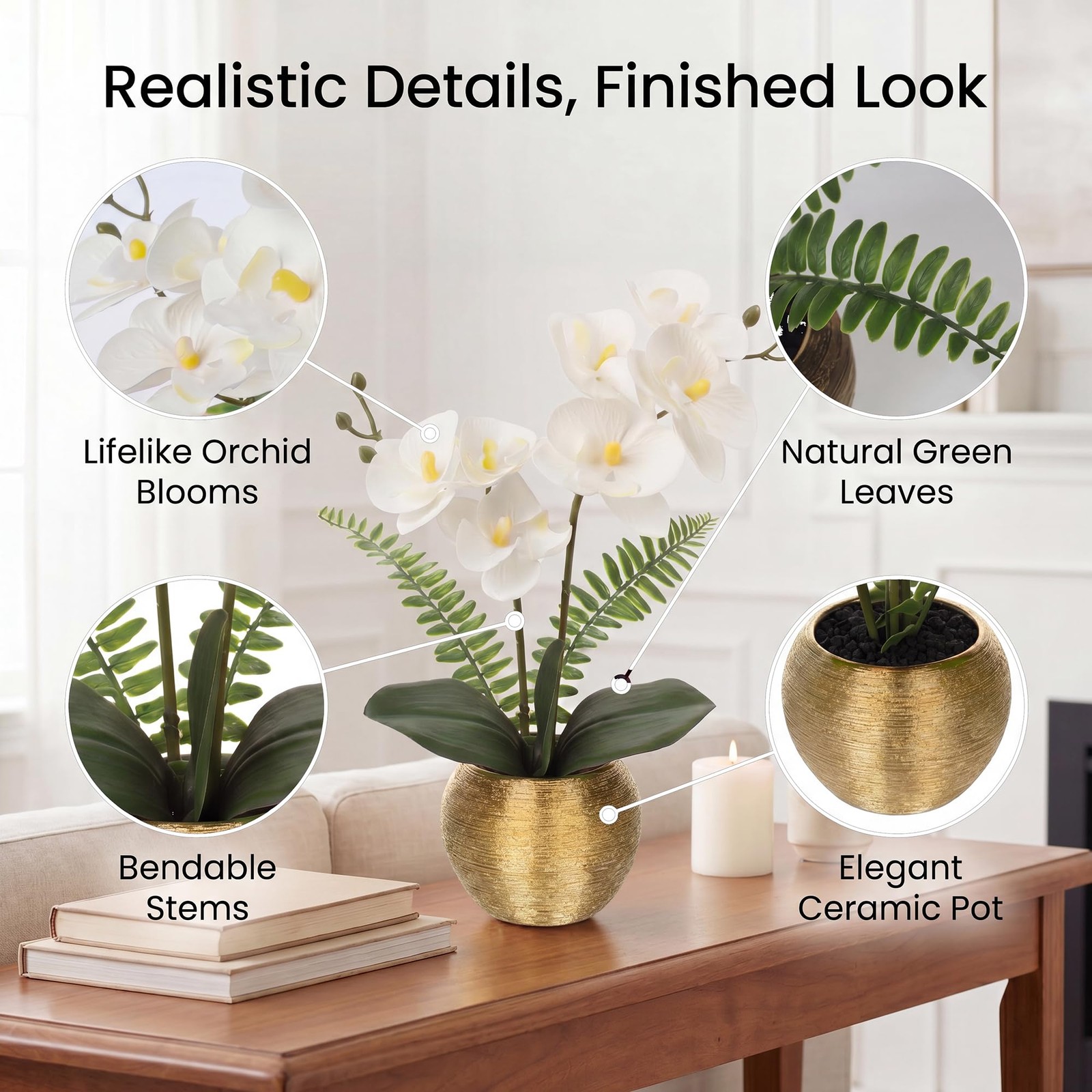 Artificial Orchid Flowers in Gold Ceramic Pot, 13″ Small White Faux Phalaenop…