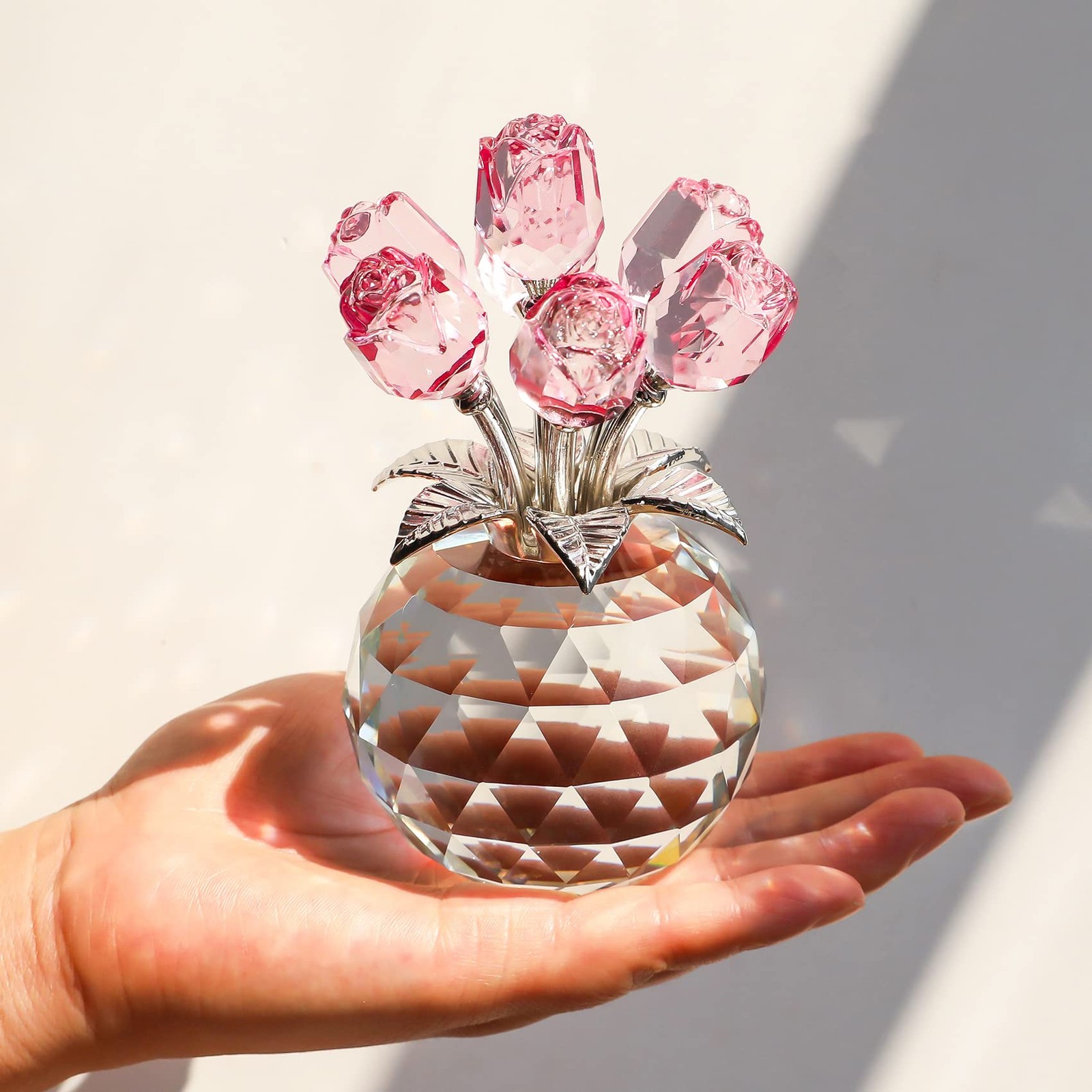 Handmade Crystal Pink Rose Flower Figurine with Round Vase, Rose Gifts for Gi…