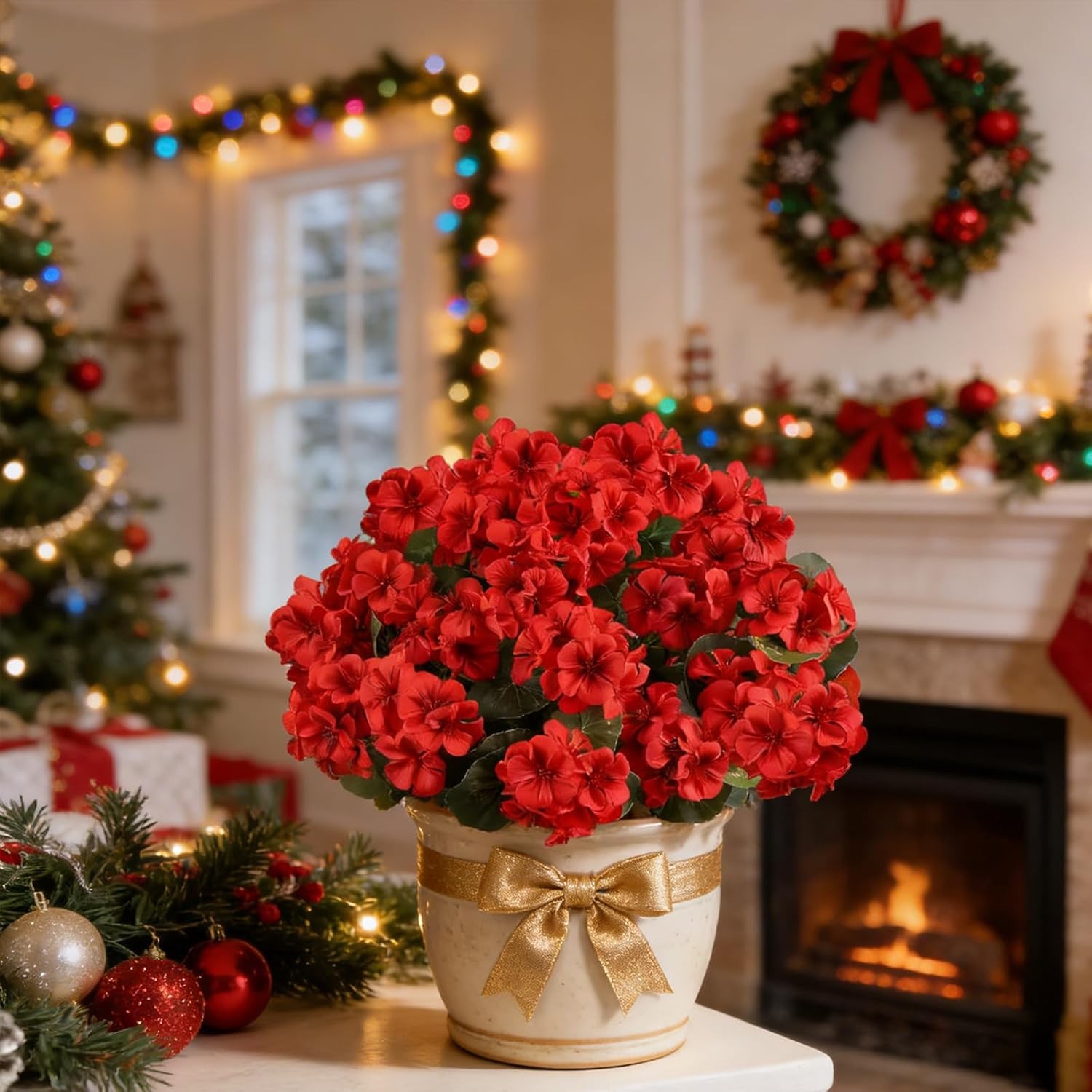 Artificial Flowers for Outdoors, 6 Bundles Realistic Silk Fake Red Geraniums, No