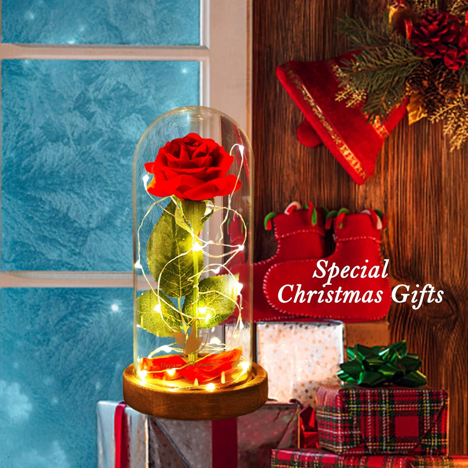Valentines Day Gifts for Her Beauty and the Beast Rose,Red Rose in Glass Dome wi