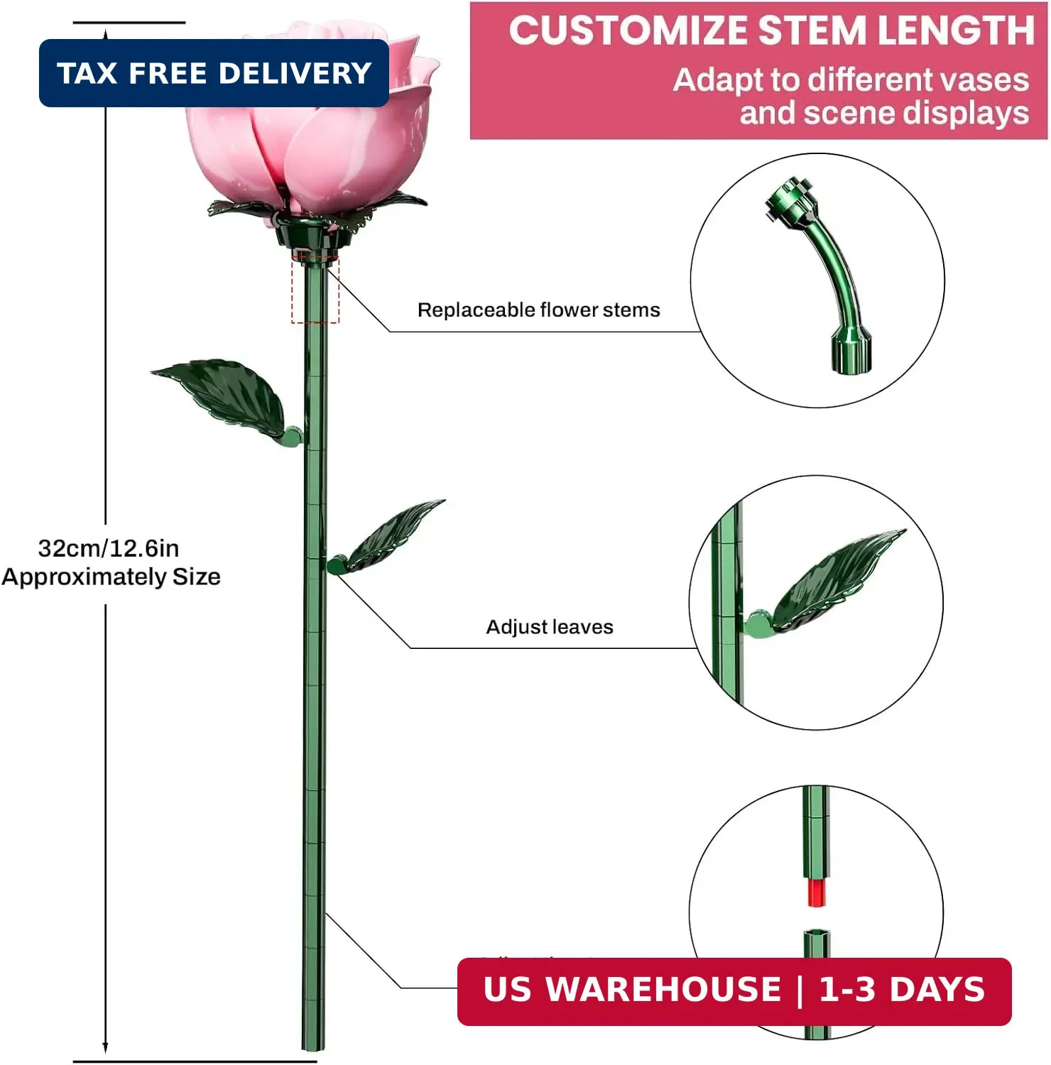 Pink Rose Bouquet Building Set for Girls & Boys – 12 Pack Botanical Collection G