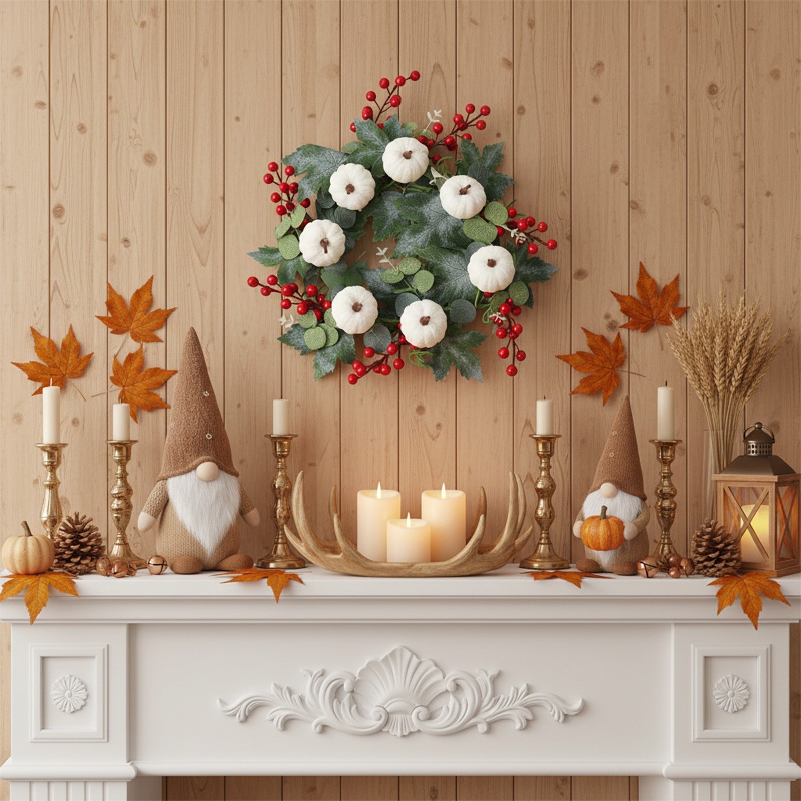 14in Plastic Wreath Artificial Flocked Pumpkins Berries Maple Eucalyptus