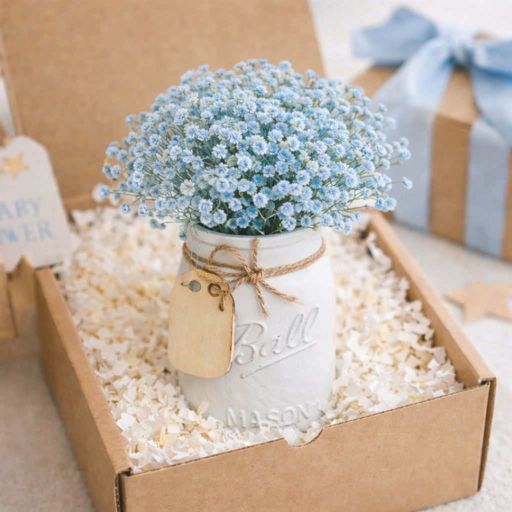 Blue Billy Button Mason Jar Arrangement Baby Shower Centerpiece Nursery Decor