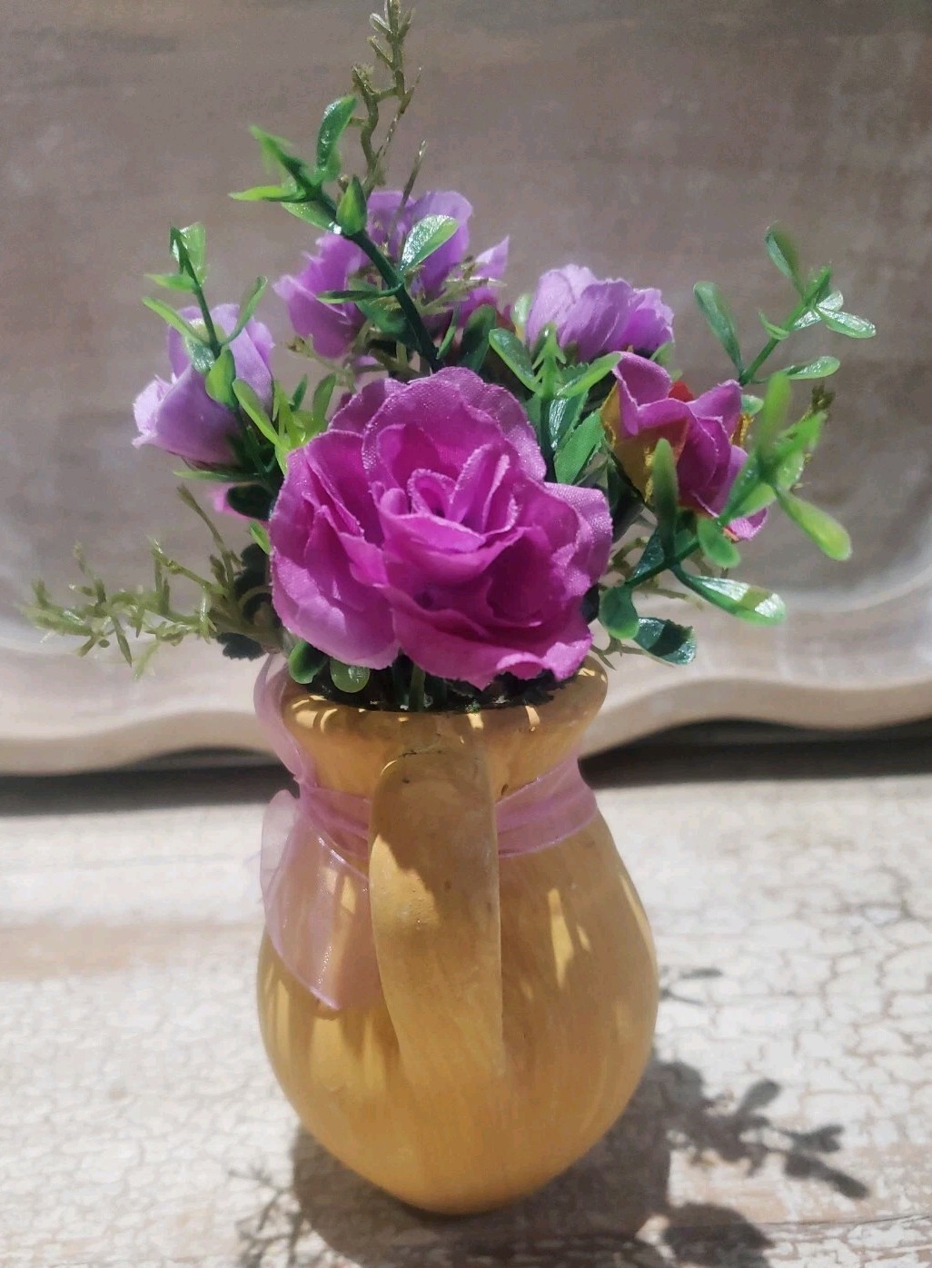 Purple Greenery Floral Arrangement Table Home Decor Pottery Pitcher 7″ TALL