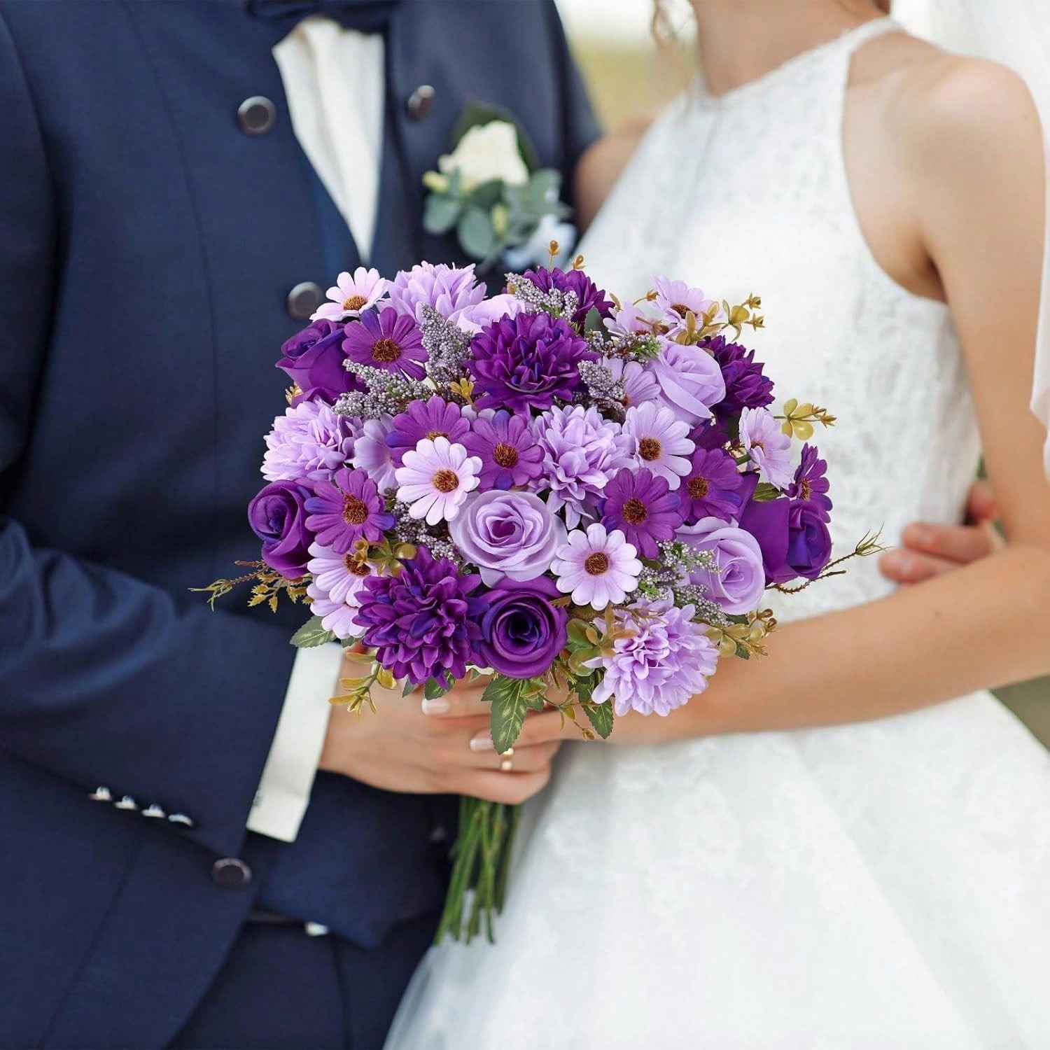 Purple Artificial Silk Flower Bouquet 3 Pieces For Wedding Home Decor