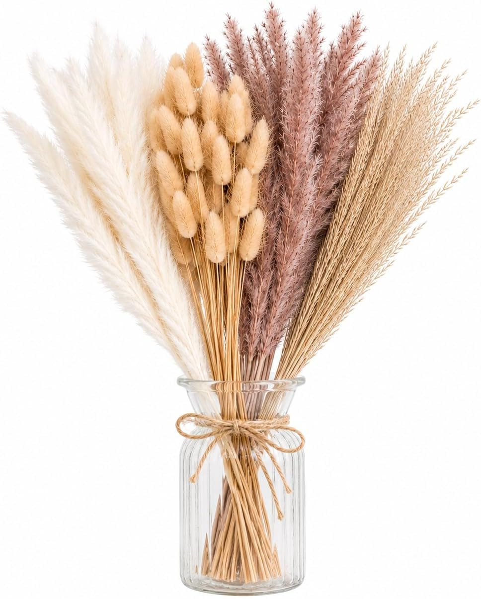 Dried Pampas Grass 100 Stems, Bunny Tails Boho Wedding Decor | 100 Mixed Stems