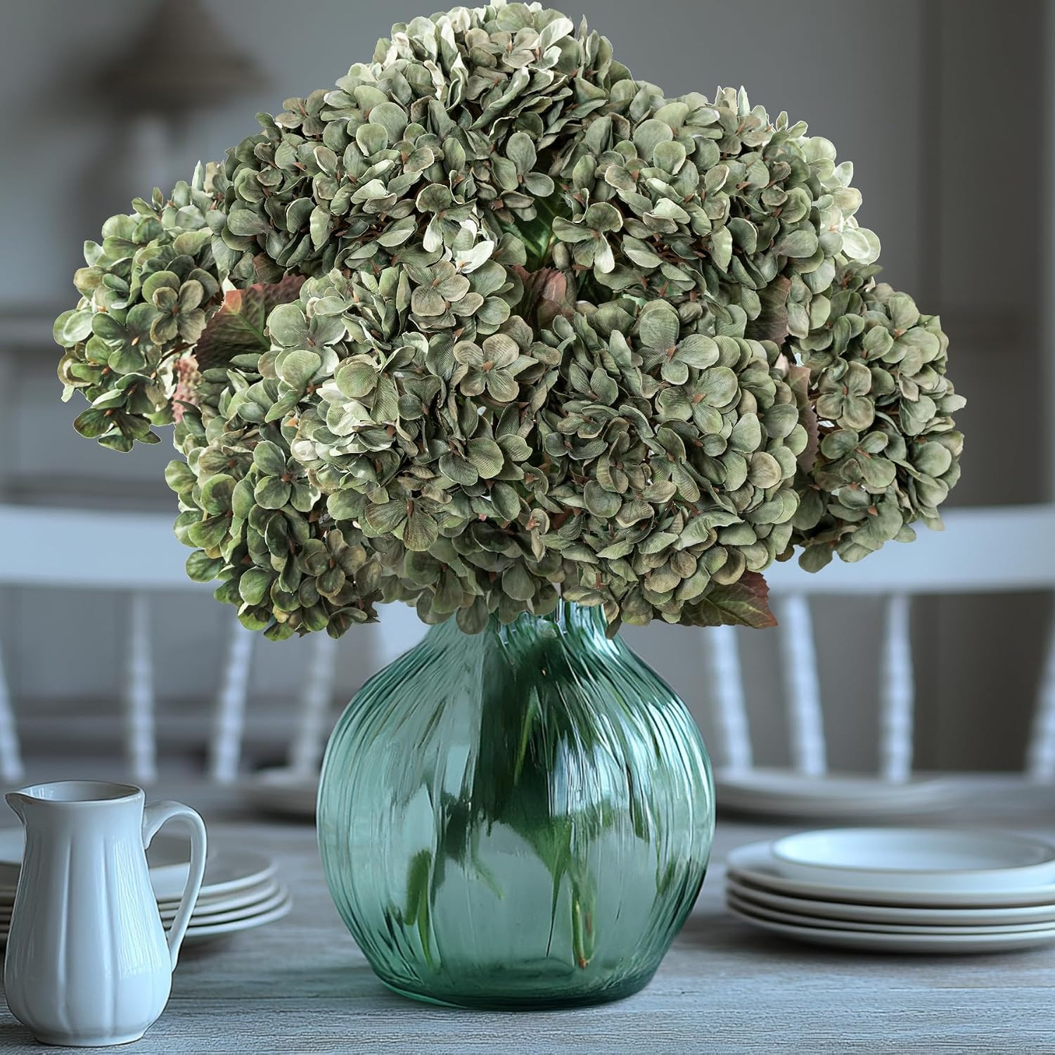 Green Artificial Silk Hydrangea Flowers for Fall Decor – 8 Pcs Bouquet