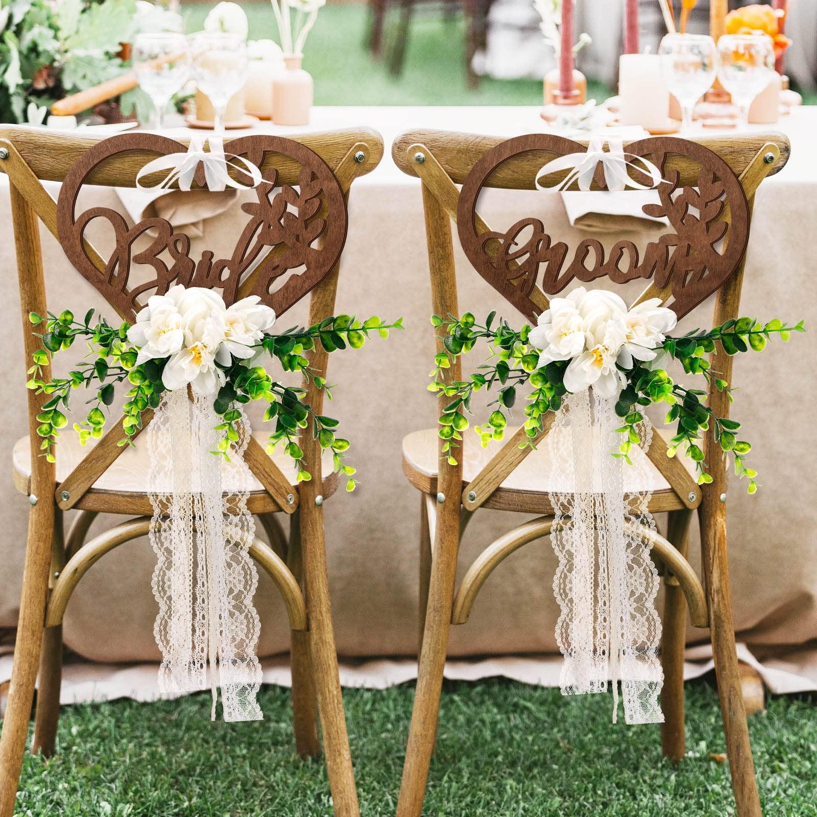 Bride and Groom Floral Chair Decorations Signs Wooden Rustic Mr Mrs Ribbons