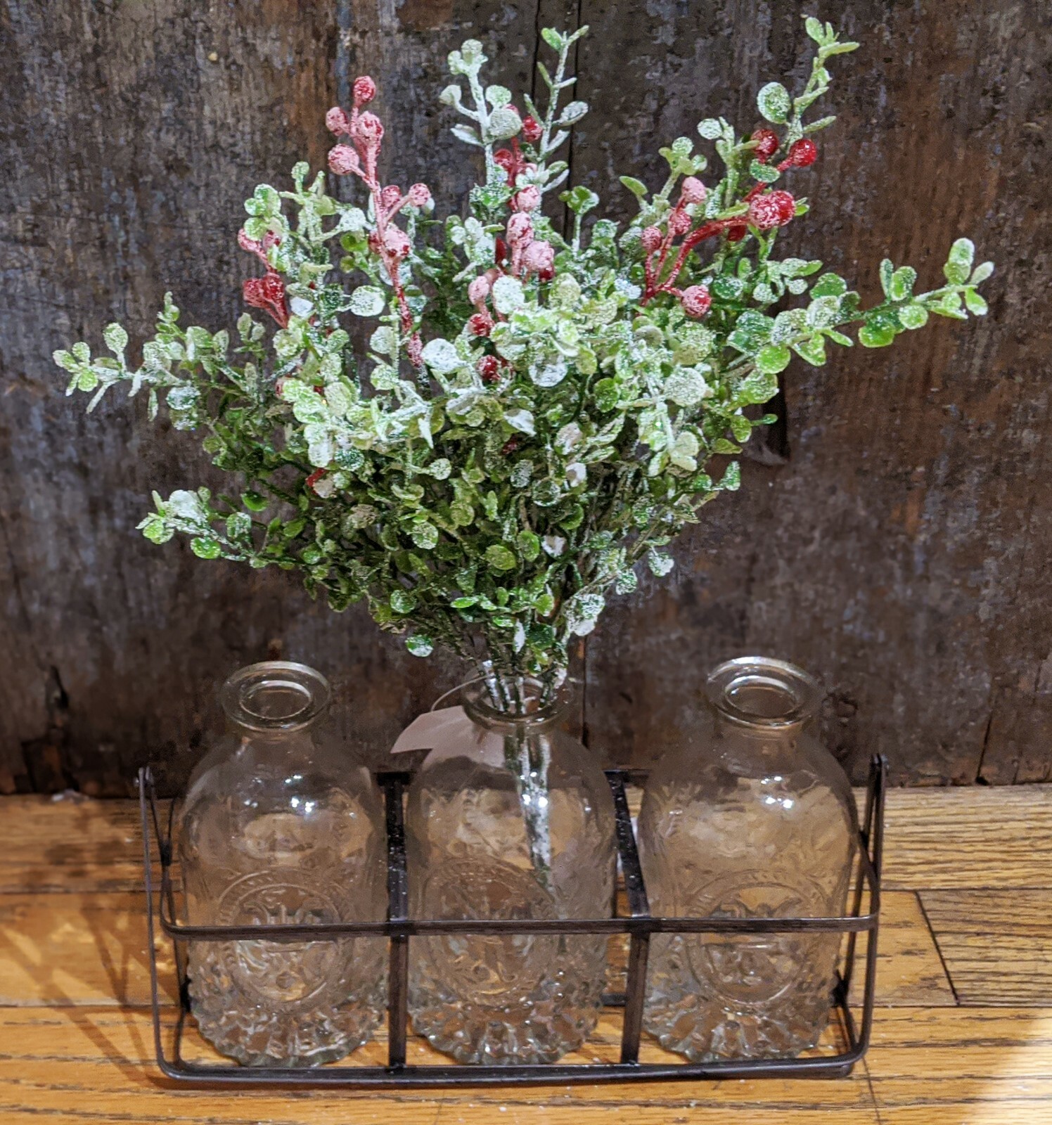 13″ Artificial Floral Red Mistletoe~Glitter Berry BUSH Greenery~XMAS Table Top