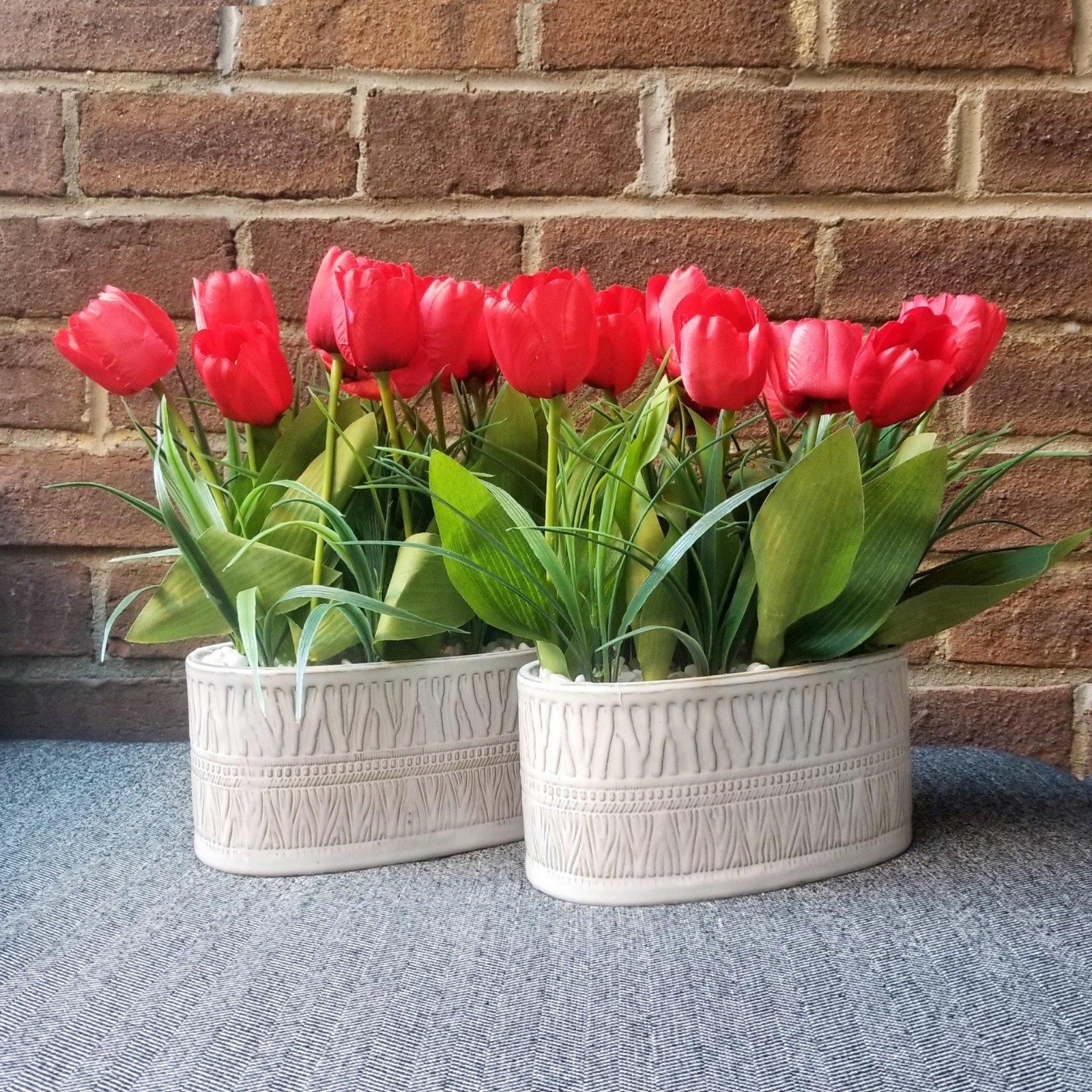 Red Tulips Flowers Planters Artificial Potted Houseplants White Pots Fake Set x2