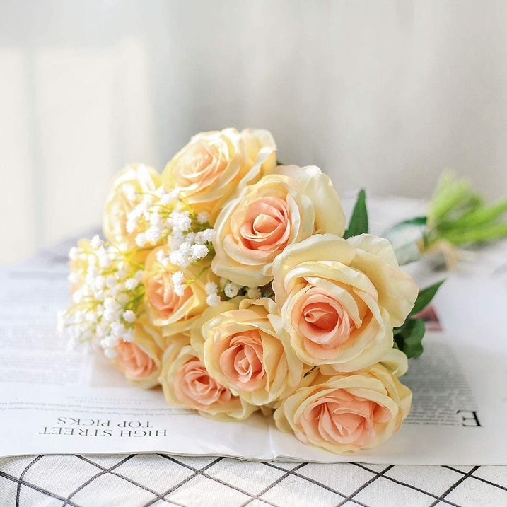 10Pcs Artificial Rose Silk Flowers Faux Bouquet Wedding Party Home Champagne