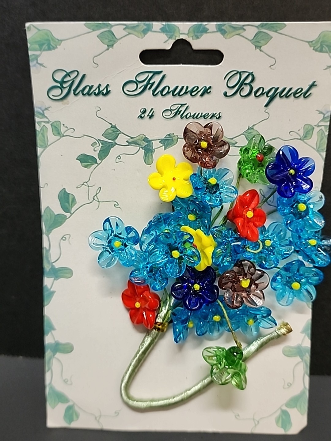 24 Mini Glass Flowers Wire Stem Bouquet Red Blue Yellow Green Purple NOS Lot 3