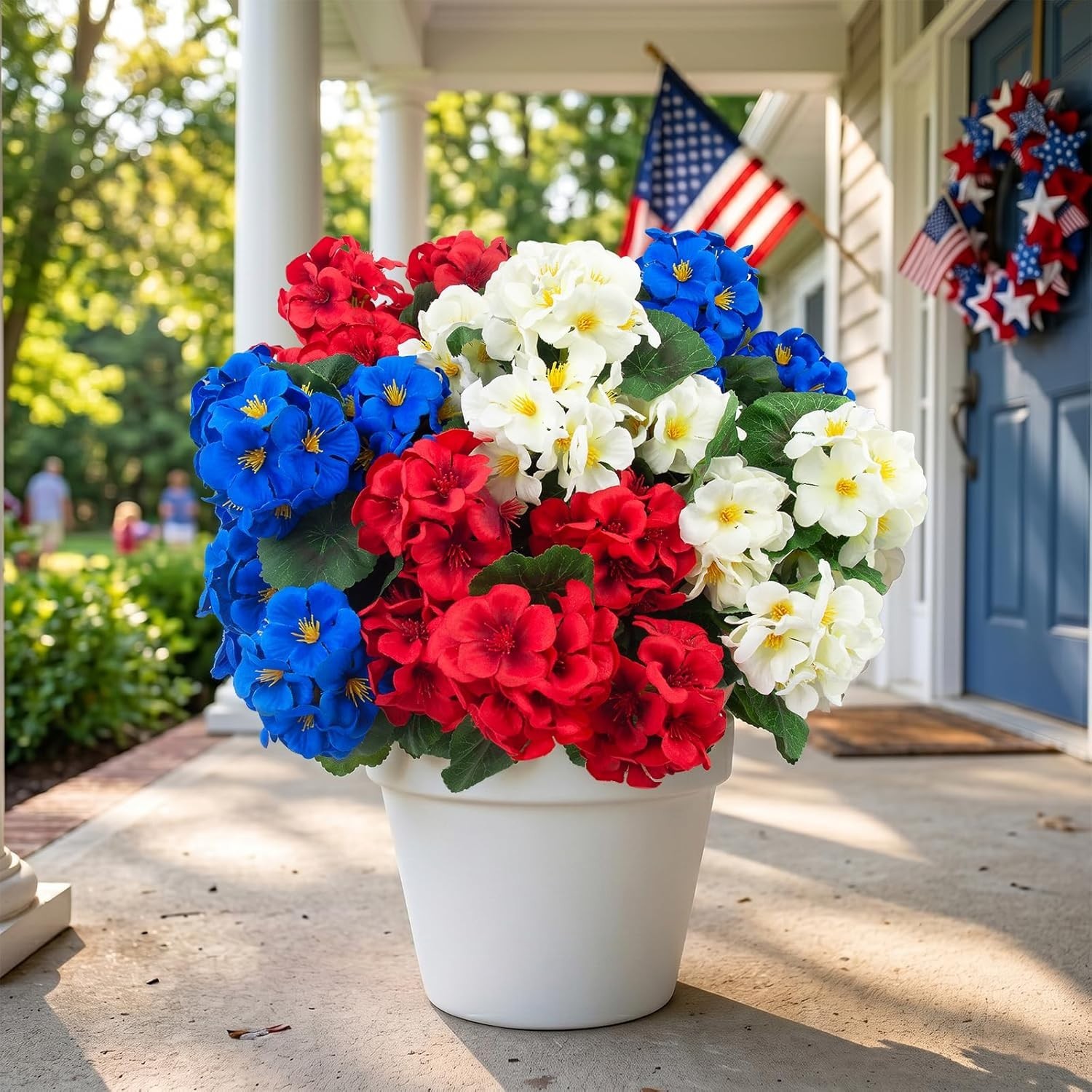 Patriotic Silk Geraniums – 12 Pcs Realistic Flowers for Home and Outdoor Decor
