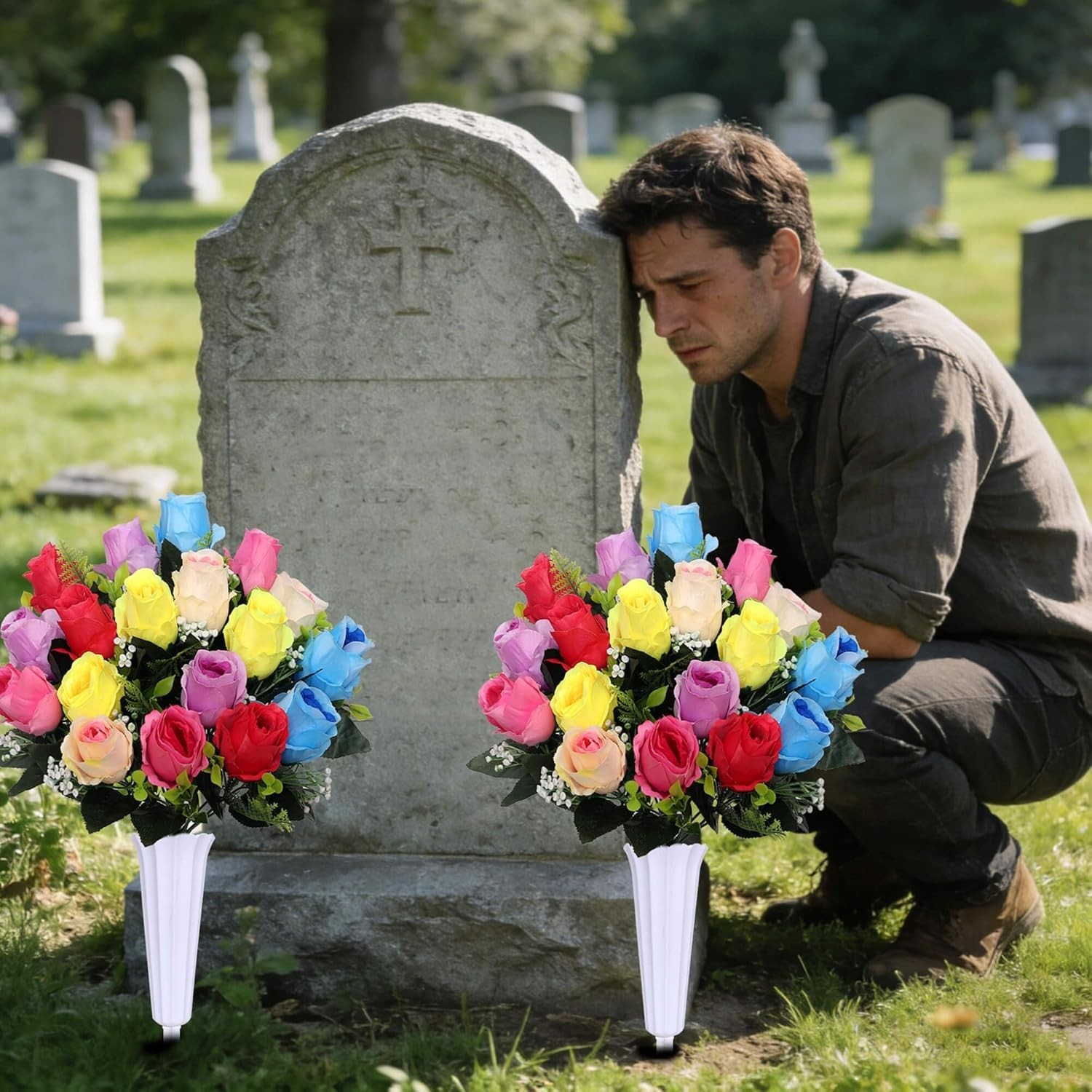 Artificial Cemetery Flowers, Set of 2 Artificial Rose Bouquet Memorial Flowers
