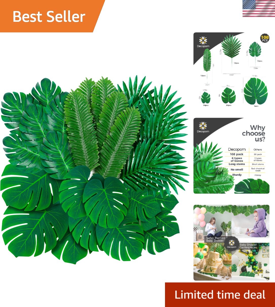 Lifelike 108 Artificial Palm Leaves Set – Perfect for Luau and Jungle Parties