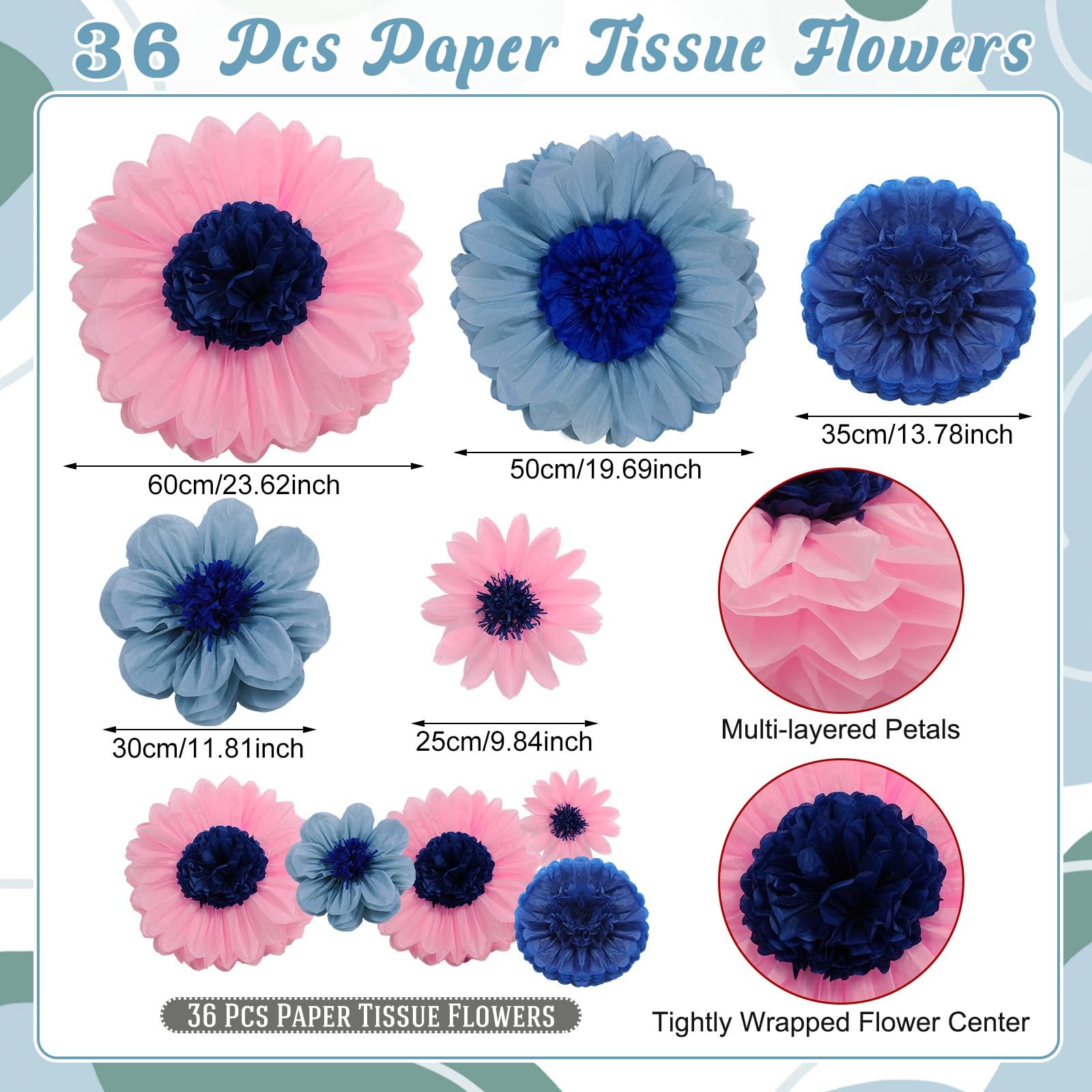 36 PCS Dusty Blue Assorted Size Tissue Paper Flowers Pom Poms Party Backdrop