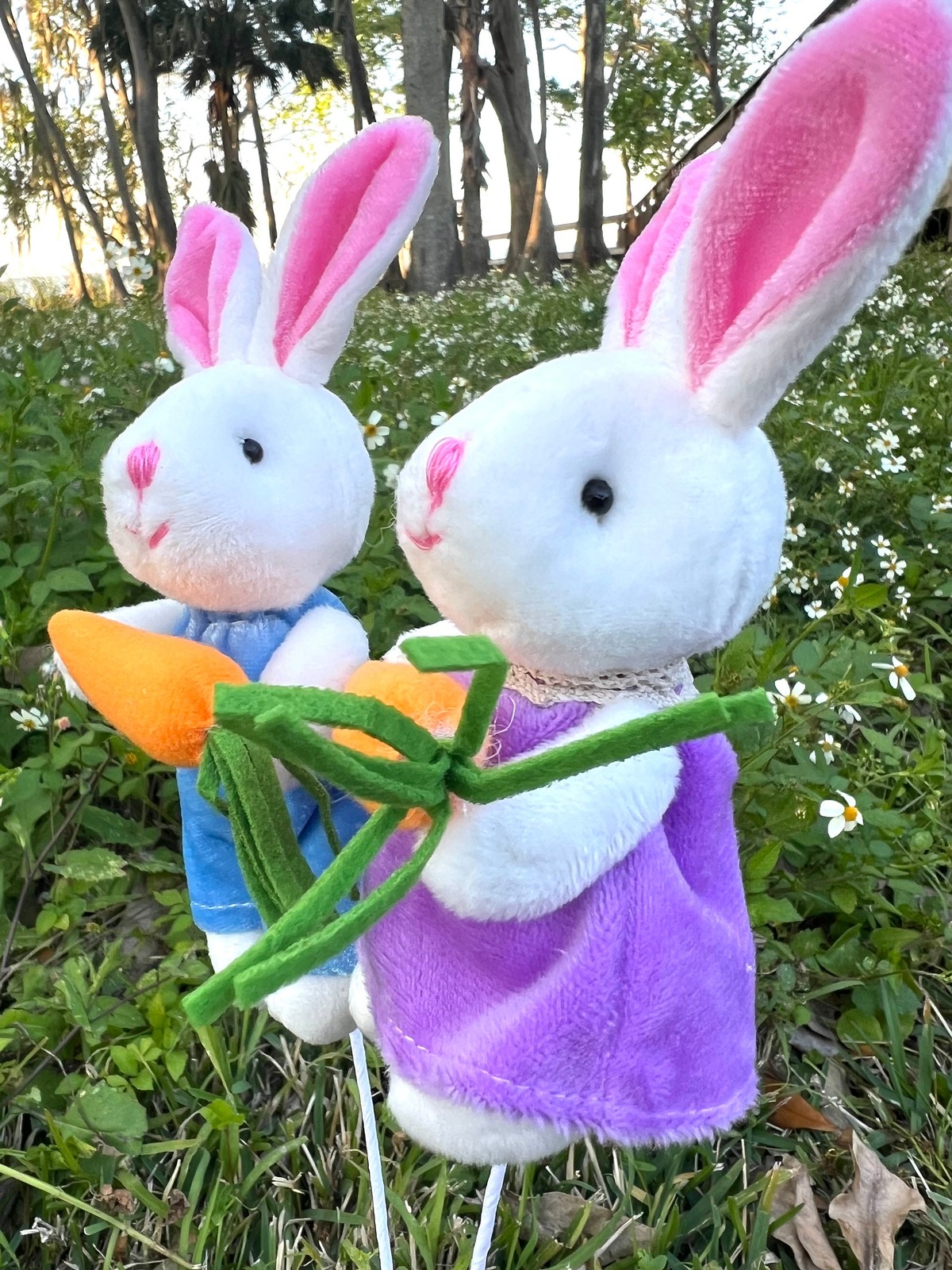 Velvet Bunny Rabbit W/ Carrot Plush Picks Easter Decor Holiday Supplies Set of 2