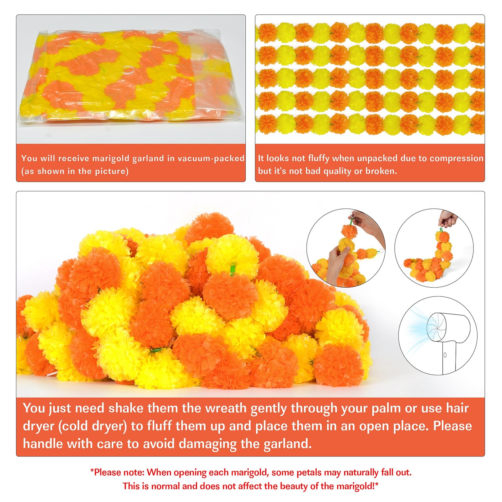 5Pcs Marigold Garland for Decoration,5 Feet Marigold Flowers Diwali Decor