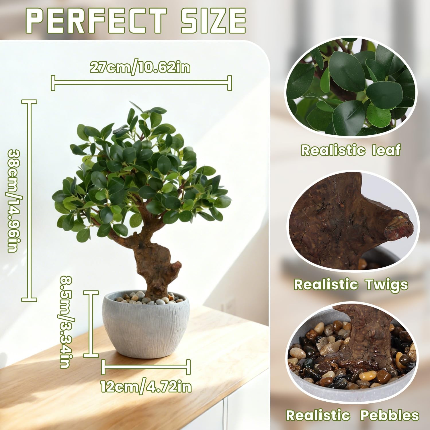Realistic 15 Inch Artificial Bonsai Tree Potted Fake Desk Plant Decor