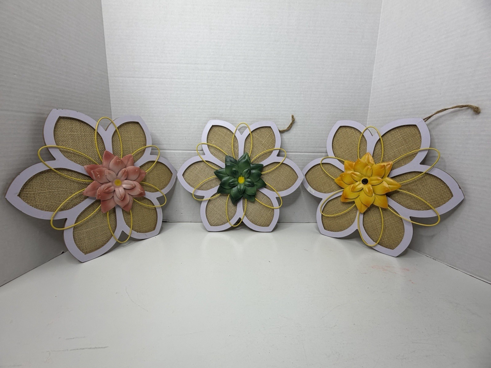 3 Wood Burlap & Metal 3D Flowers Decor Hanging 12” Wall Home Decor Wall Hanger