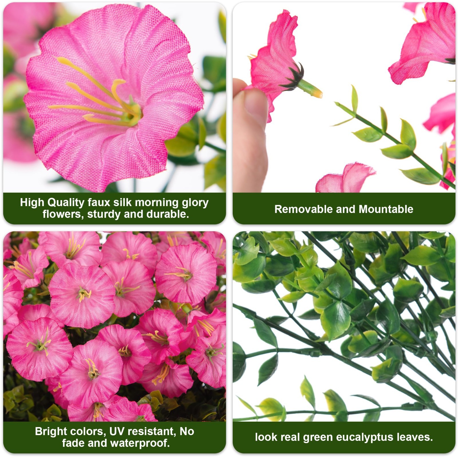 12 Bundles UV Resistant Pink Morning Glory Fake Flowers for Outdoor Decor, Eucal