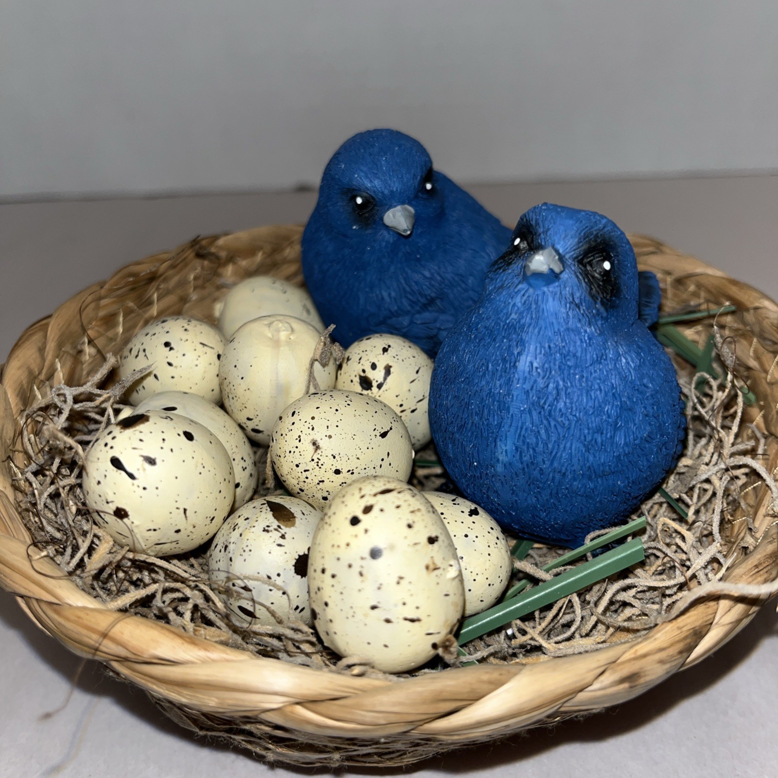 Vintage Decorative Bird Nest Basket W/Blue Birds & Speckled Eggs-Rustic Cottage