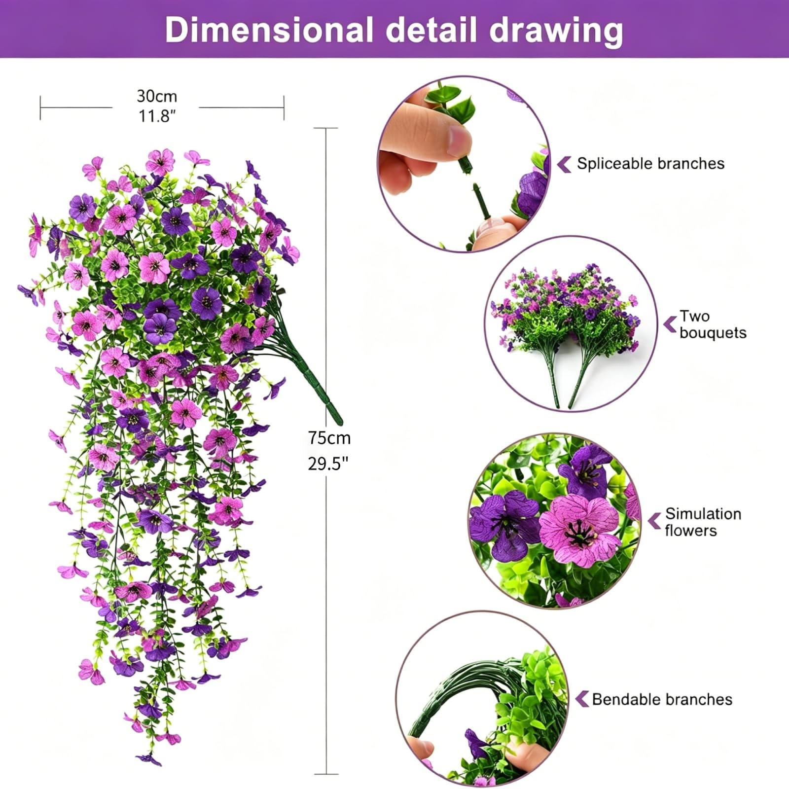 2PCS Artificial Fake Hanging Flowers Plants for Spring Summer Outdoor Decorat…
