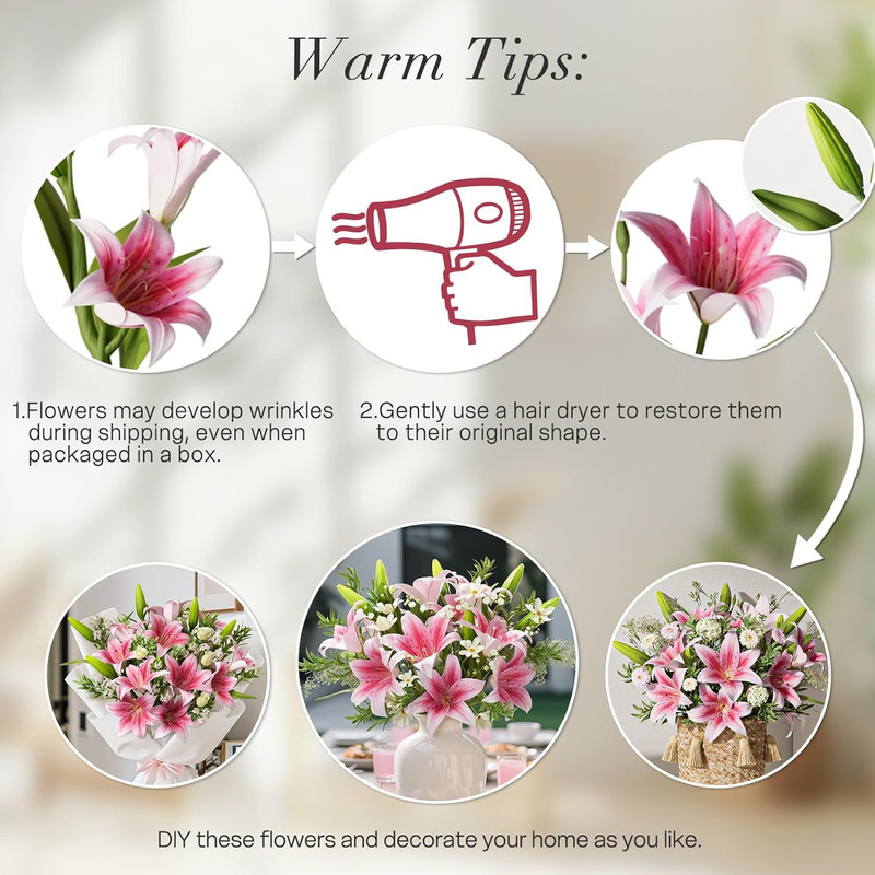 6 Bundles 18 Artificial Lily Flowers with 12 Heads Fully Bloomed Lilies & 6 Buds