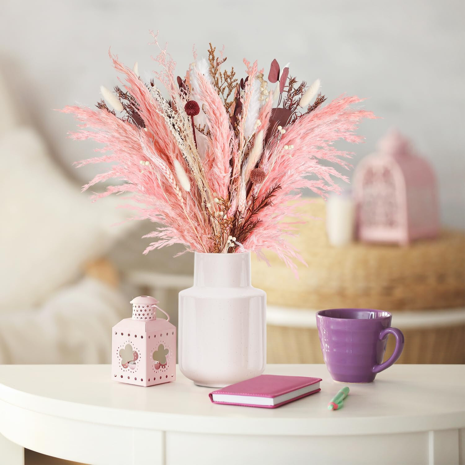 17 Inch Natural Dried Flowers Bouquet Pink Pampas Mix Dry Floral