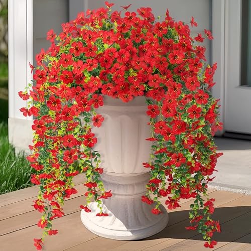 Fake Artificial Hanging Flowers for Outdoors Decoration, 2 PCS Faux UV Red