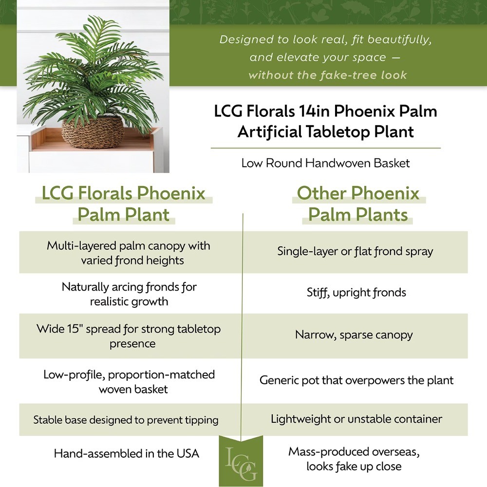 14″ Artificial Palm Plant in Low Round Handwoven Basket by LCG Florals