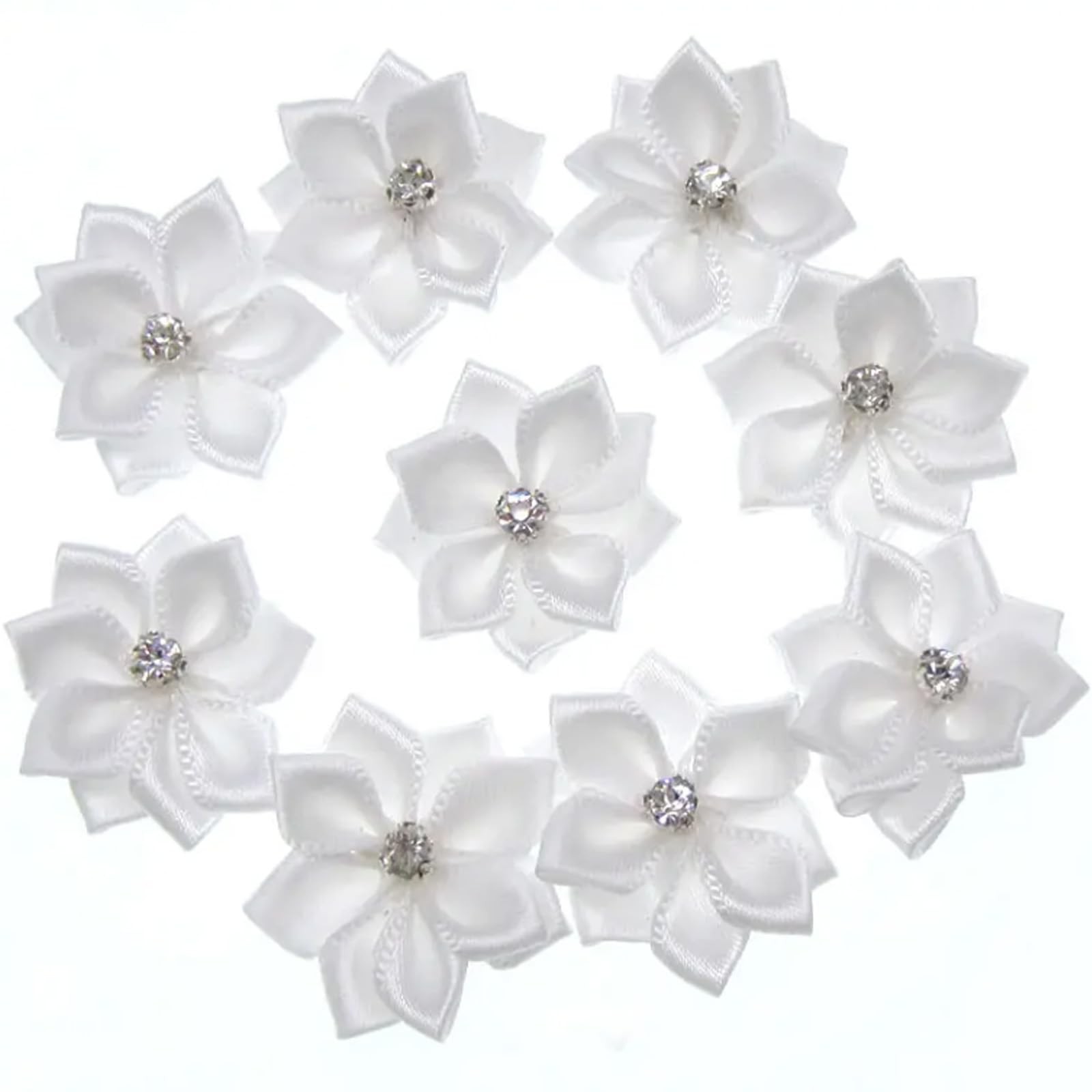 50 PCS White Satin Ribbon Flowers 1 Inch Small Rhinestone Center Applique