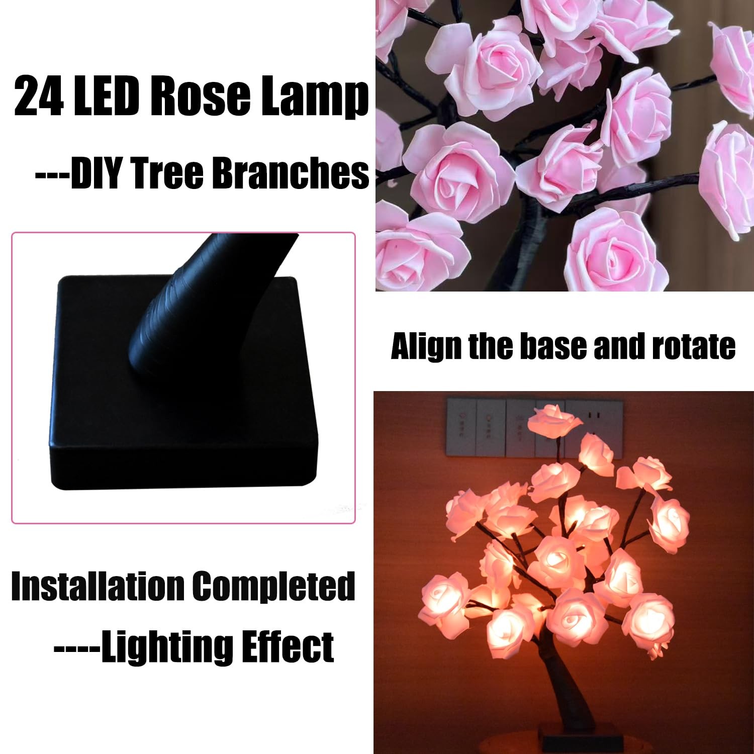 24 LED Pink Rose Tree Light, Artificial Bonsai Flower Table Lamp, USB Battery…