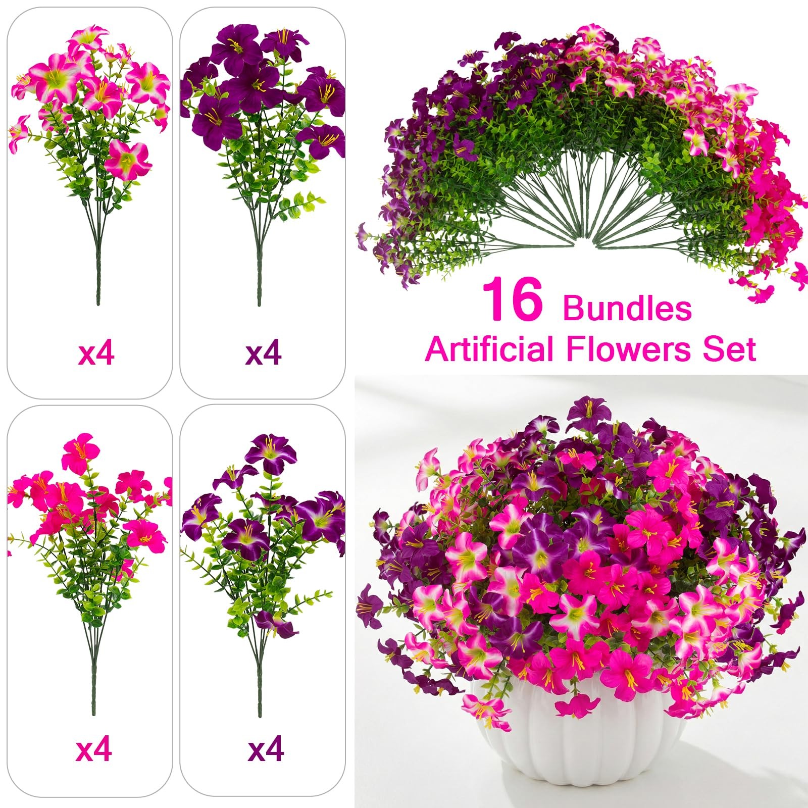 16 Pcs Faux Petunias Artificial Flowers Plants for Outdoor Plant Decoration,F…
