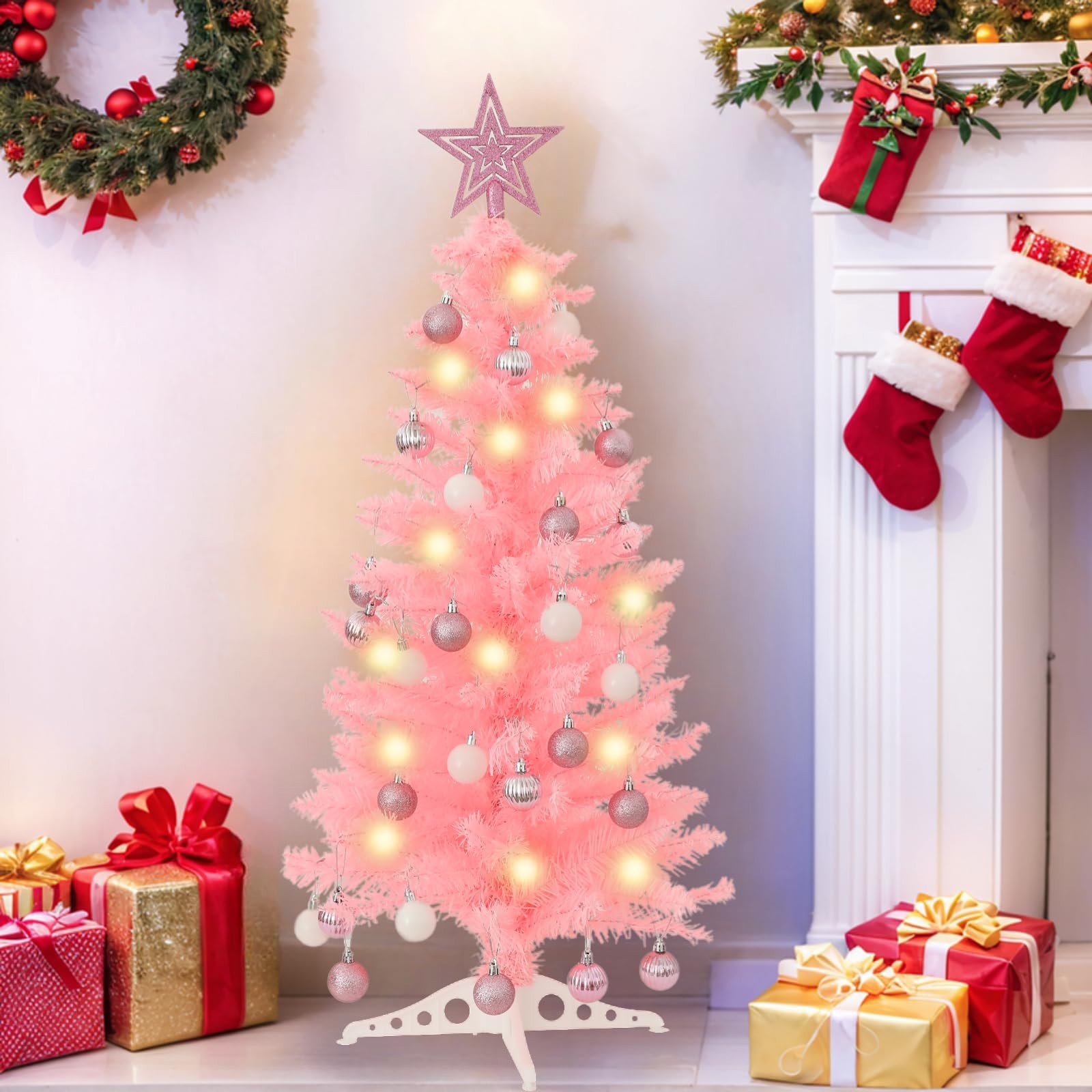 3 FT Pink Artificial Christmas Tree 50 Warm Lights 8 Modes Remote Star Top