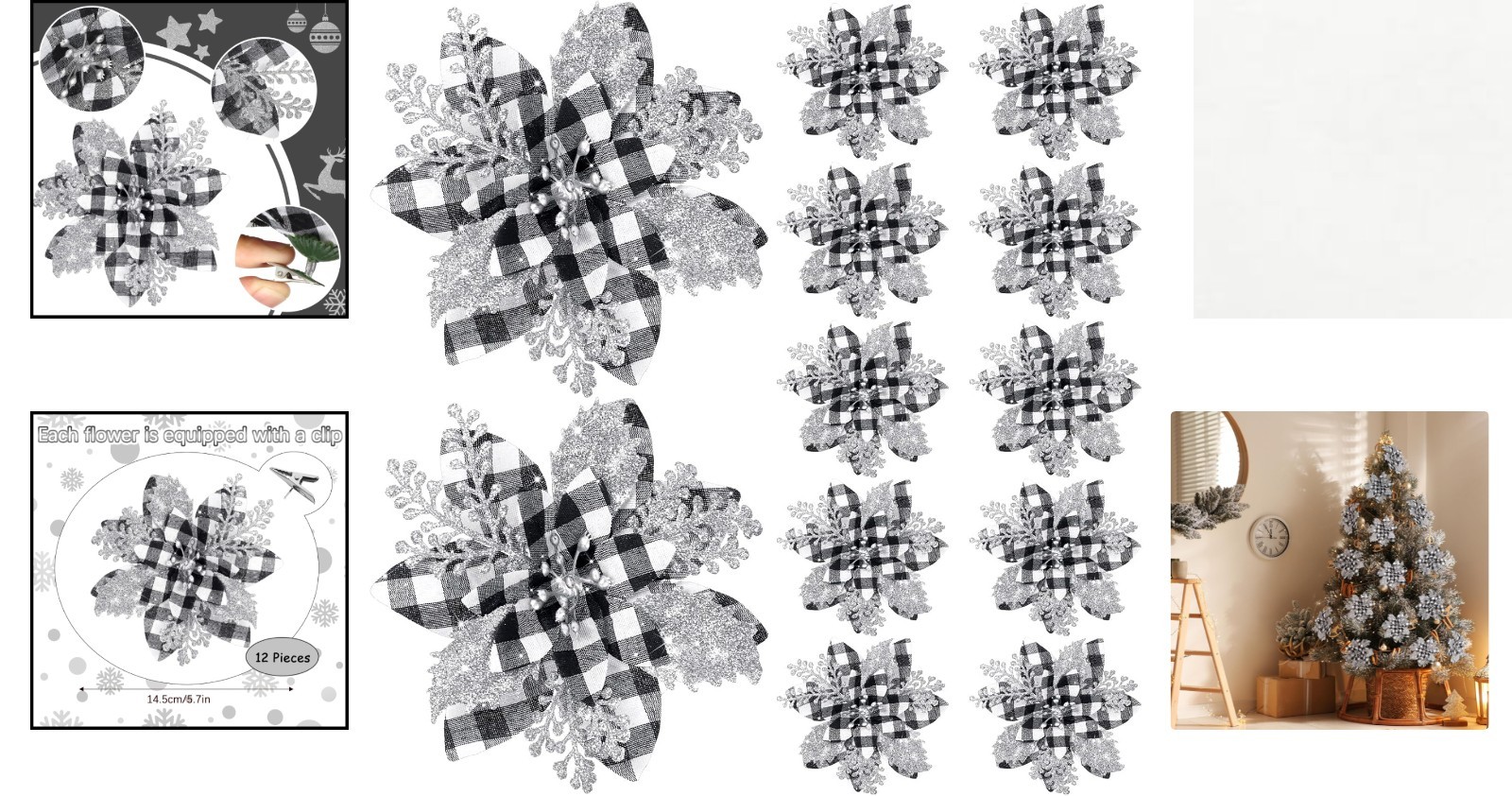 Chic Black & White Buffalo Glitter Poinsettias – 12 Decorative Clips Included