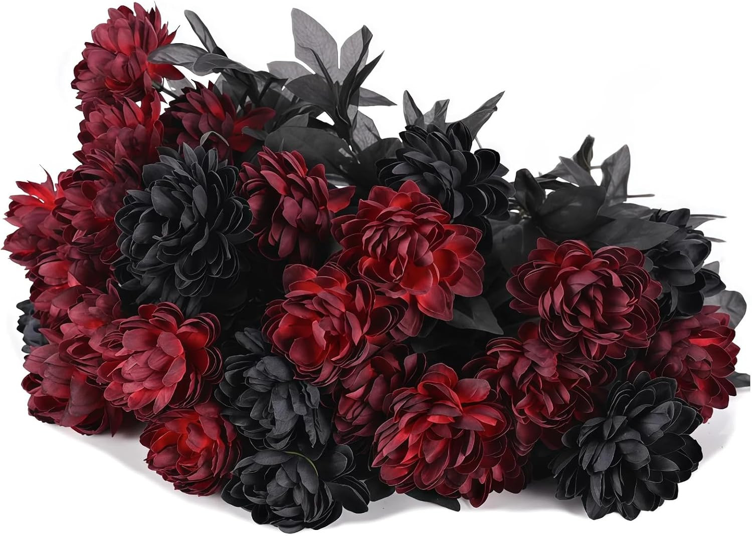 Black Burgundy Artificial Flowers Dahlia Bouquet – Lifelike Faux Gothic Floral A