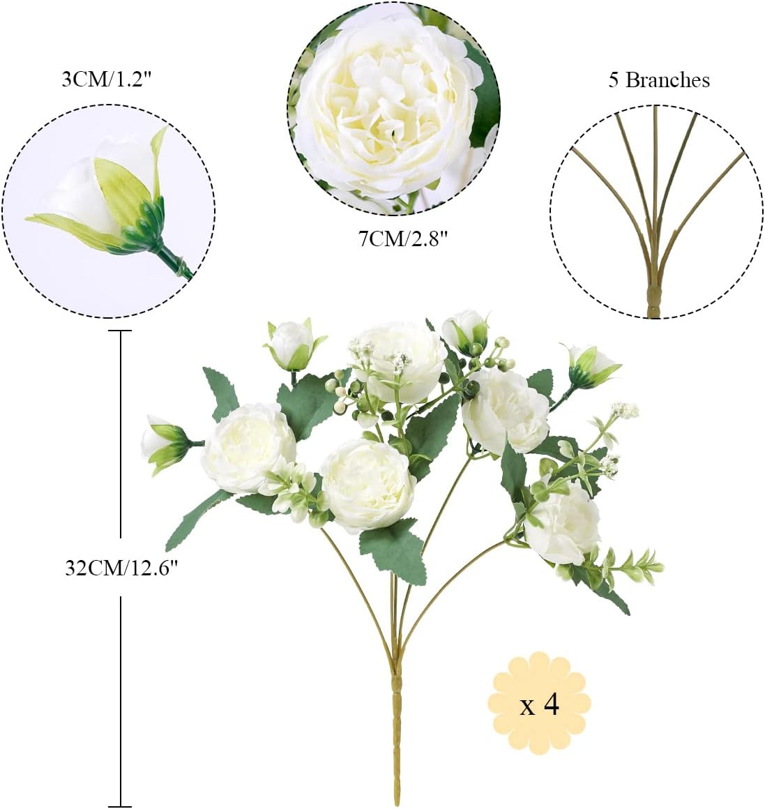 4 Bunches Peony Artificial Flowers White Flowers Silk Peonies Bouquets for Weddi